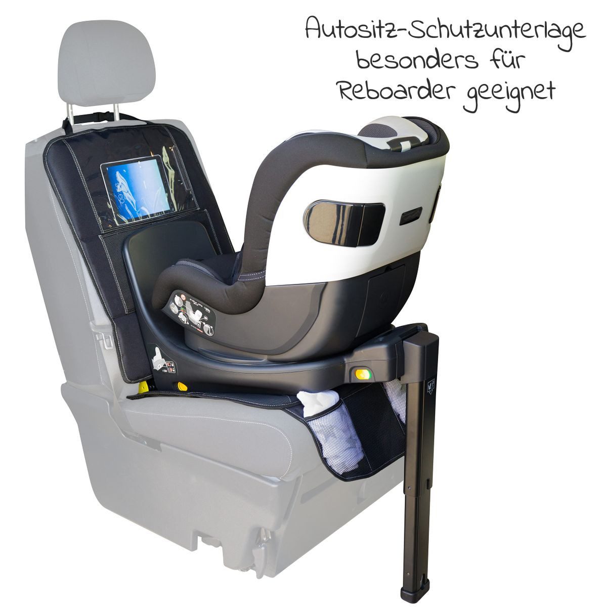 Fillikid Kindersitzbezug Schwarz, Autositz Schutzunterlage Unterlage für Reboarder mit IPad-Tasche