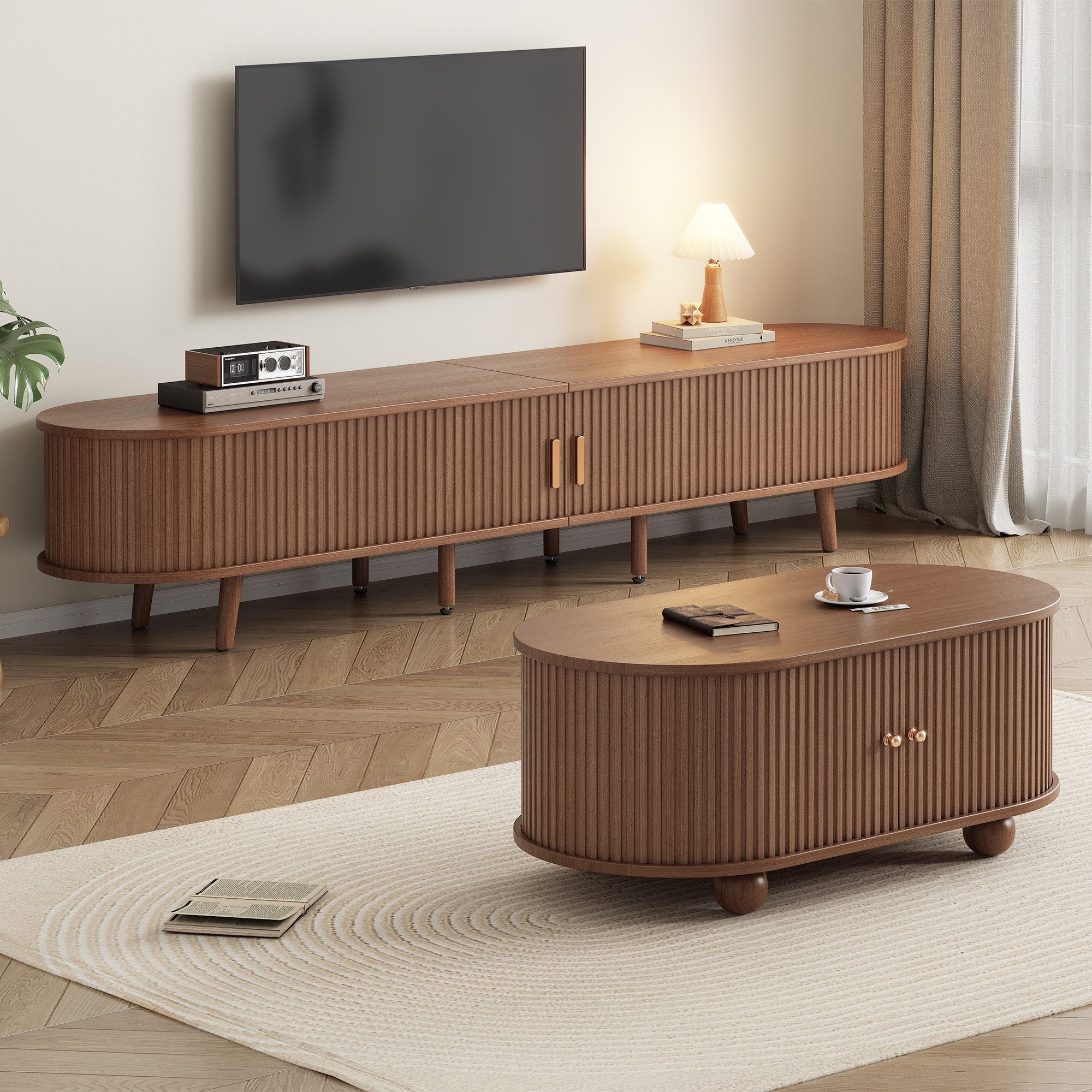 IDEASY Wohnzimmer-Set Ovaler TV-Schrank mit Couchtisch-Kombi & Stauraum