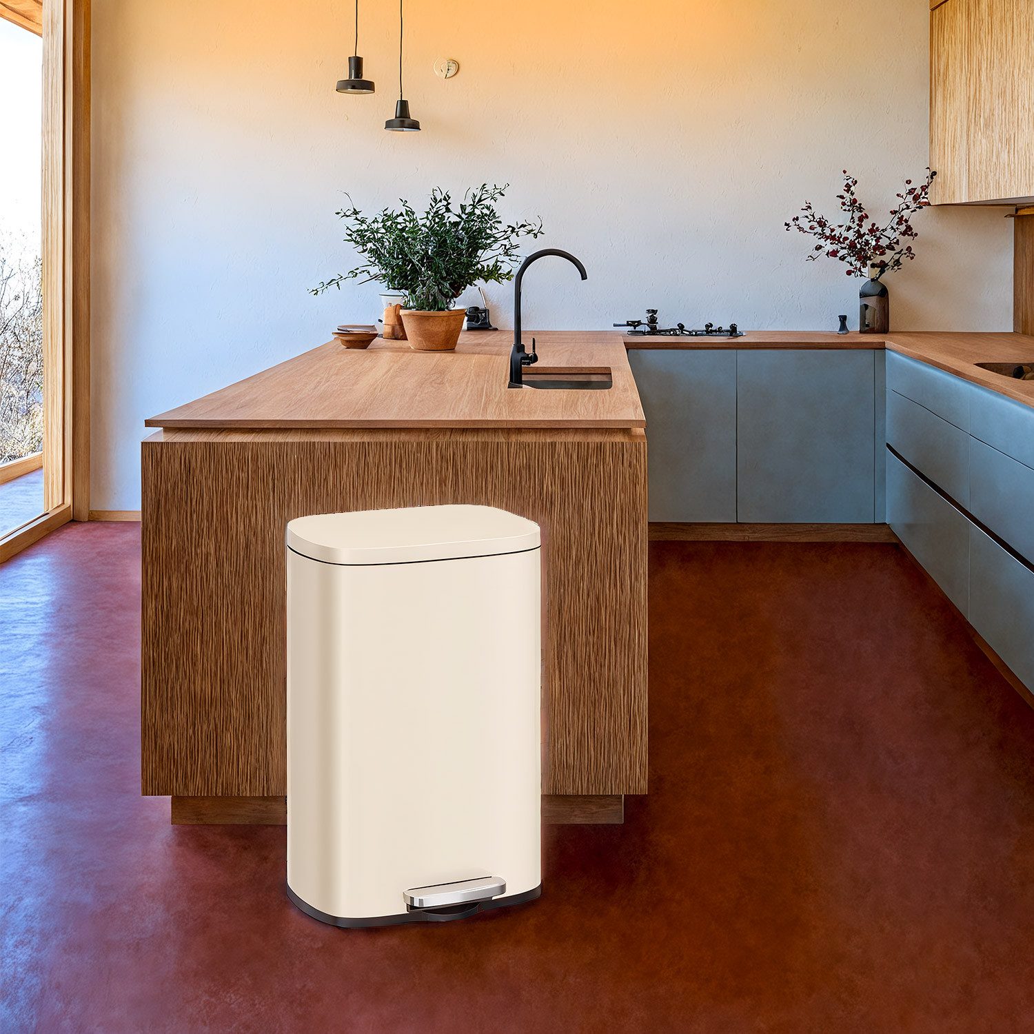 SONGMICS Mülleimer, Abfalleimer, 50 L, luftdicht, Stahl, Küche, silbern,Weiß