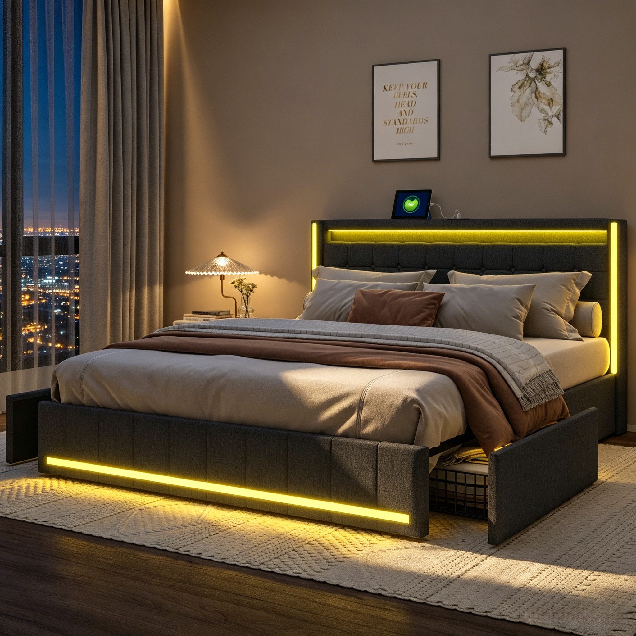 Furnishings Home Polsterbett Doppelbett Stauraumbett LED (4 Schubladen), Mit LED-Beleuchtung, USB + Type-C, Schubladen, Leinen, 180x200 cm