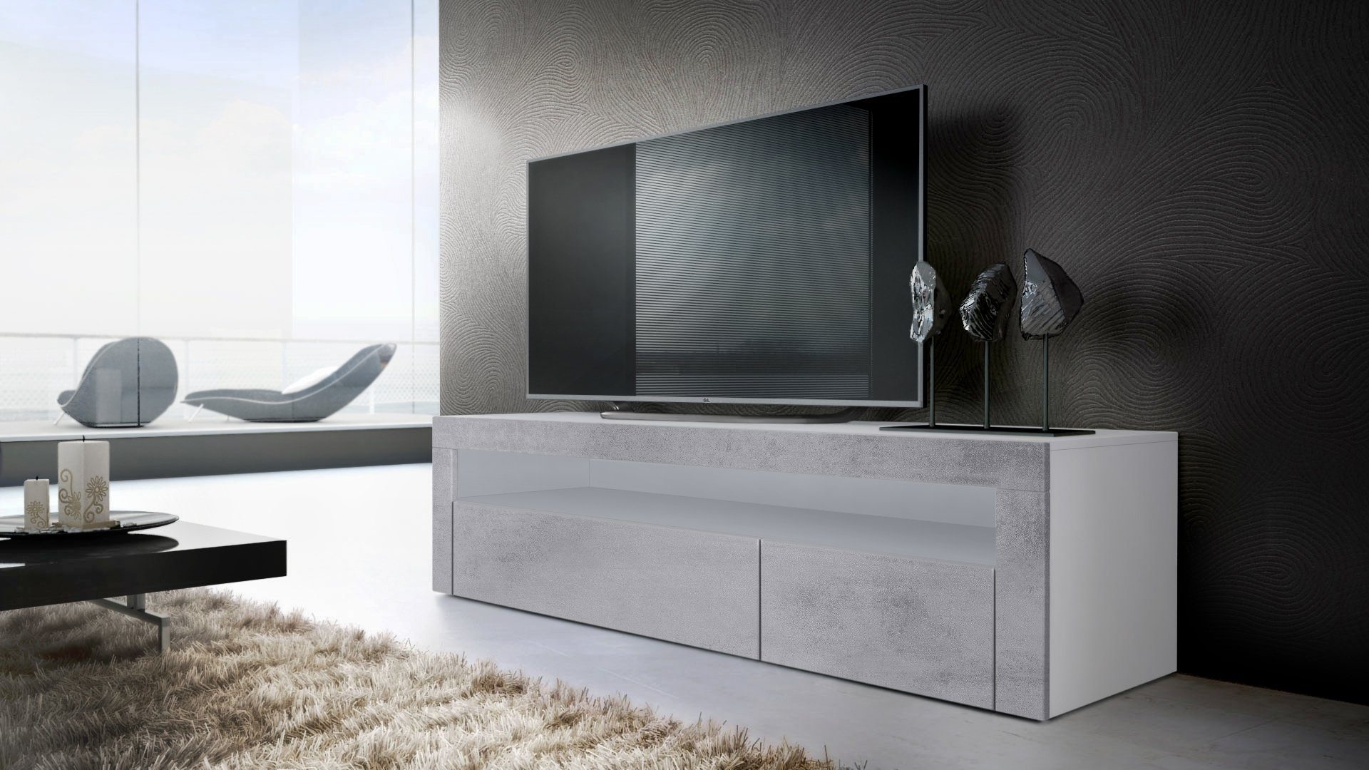 Vladon Wohnwand Berlin, (Wohnzimmer-Set, bestehend aus 1 TV Board und 1 Couchtisch), Weiß matt/Beton Oxid Optik