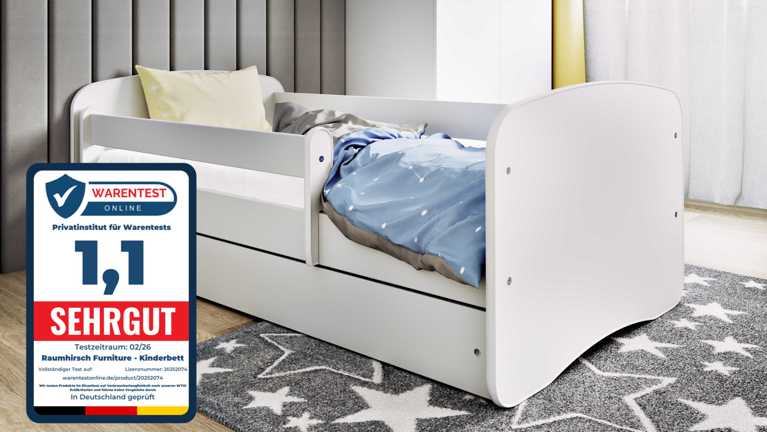 Raumhirsch Furniture Kinderbett Babydream 180x80 cm 160x80 cm 140x70 cm - Komplettset mit Schublade (Bett für Jungs & Mädchen, Einzelbett 2–12 J., mit Rausfallschutz und Lattenrost), Verschiedene Farben