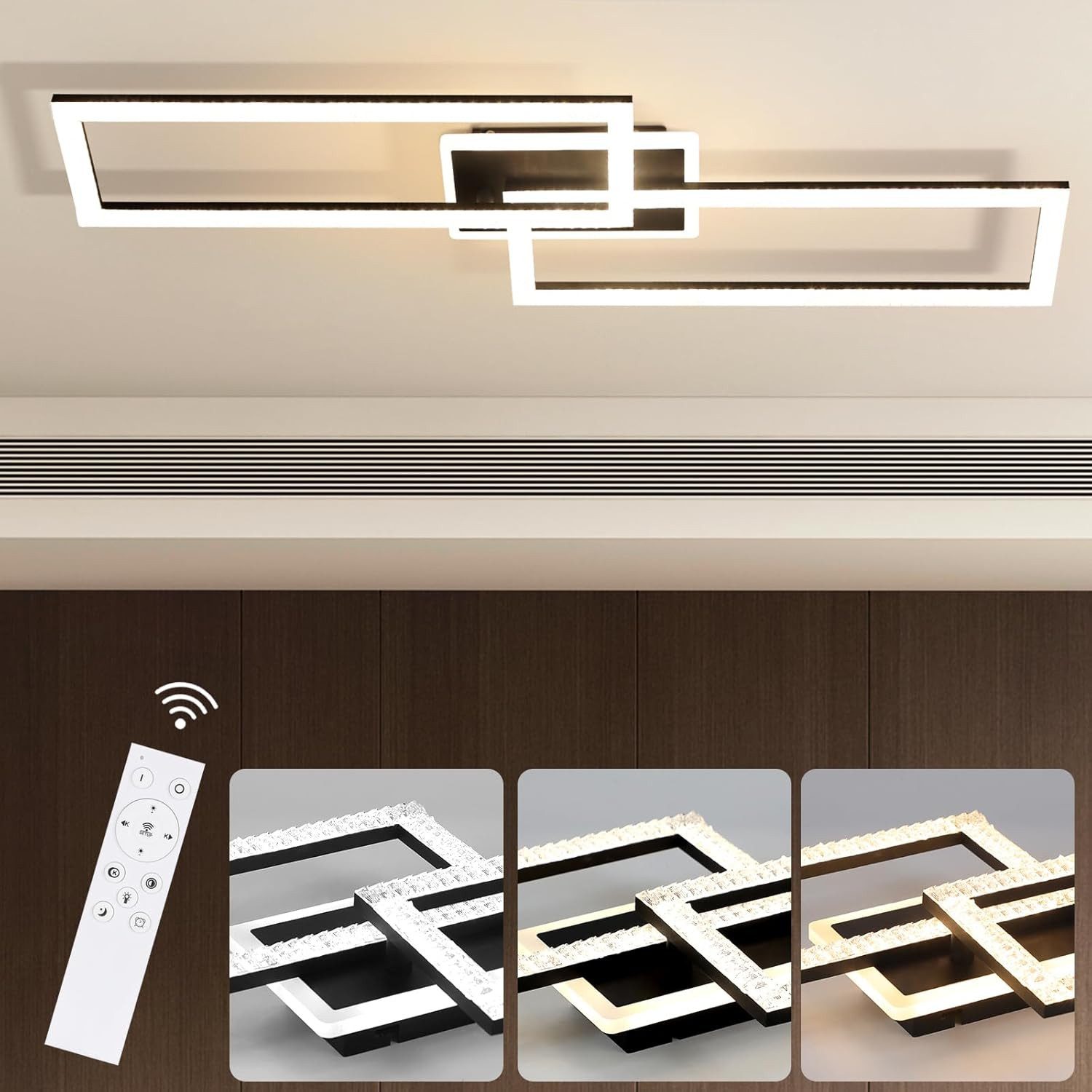 ZMH LED Deckenleuchte 2 Rechtecke 56 W, CCT dimmbar mit Fernbedienung, dimmbar, LED fest integriert, Warmweiß-Neutralweiß-Kaltweiß, Kristalloptik,3000–6500K,Nachtmodus