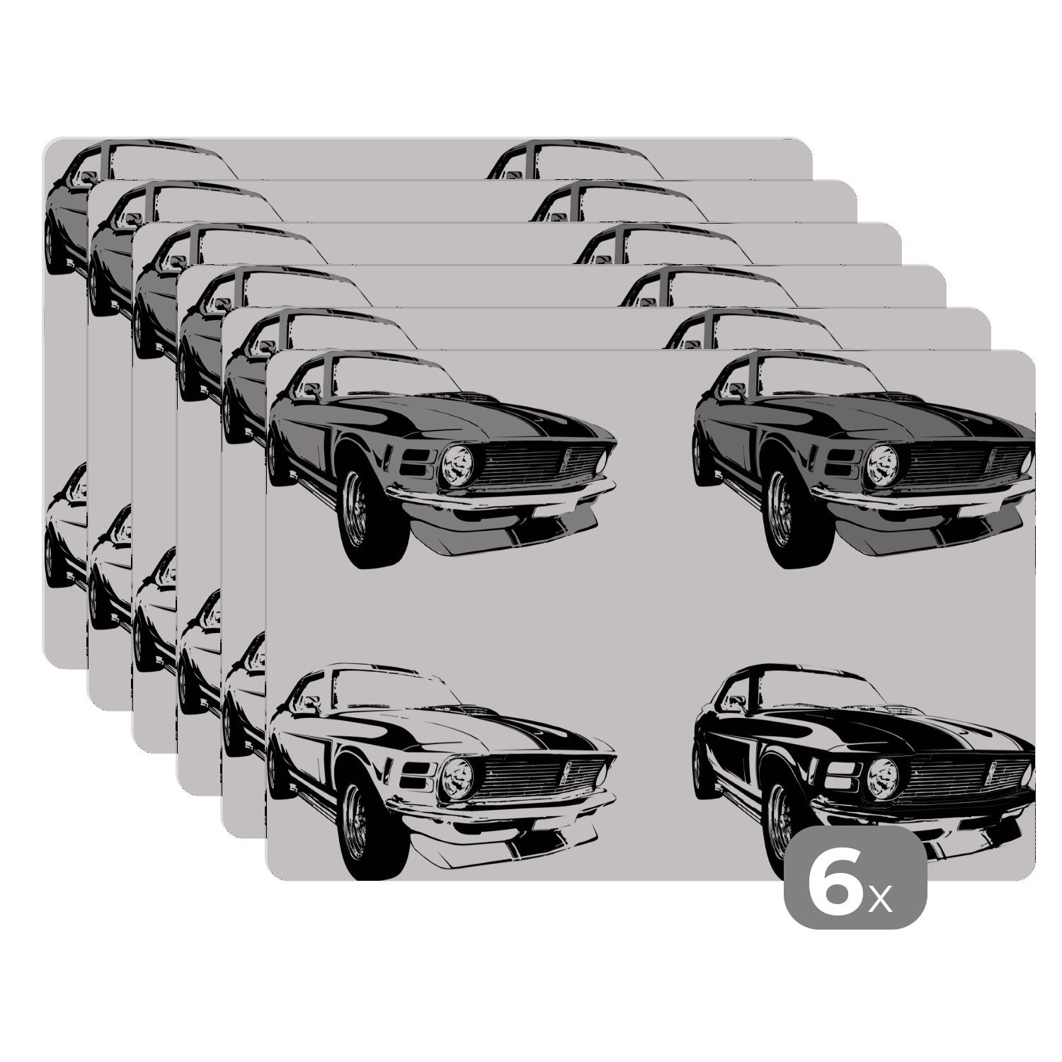 Platzset, Vier Abbildungen von Muscle Cars in verschiedenen Farben - schwarz und, MuchoWow, (6-St), Platzset, Platzdecken, Platzmatte, Tischmatten, Schmutzabweisend