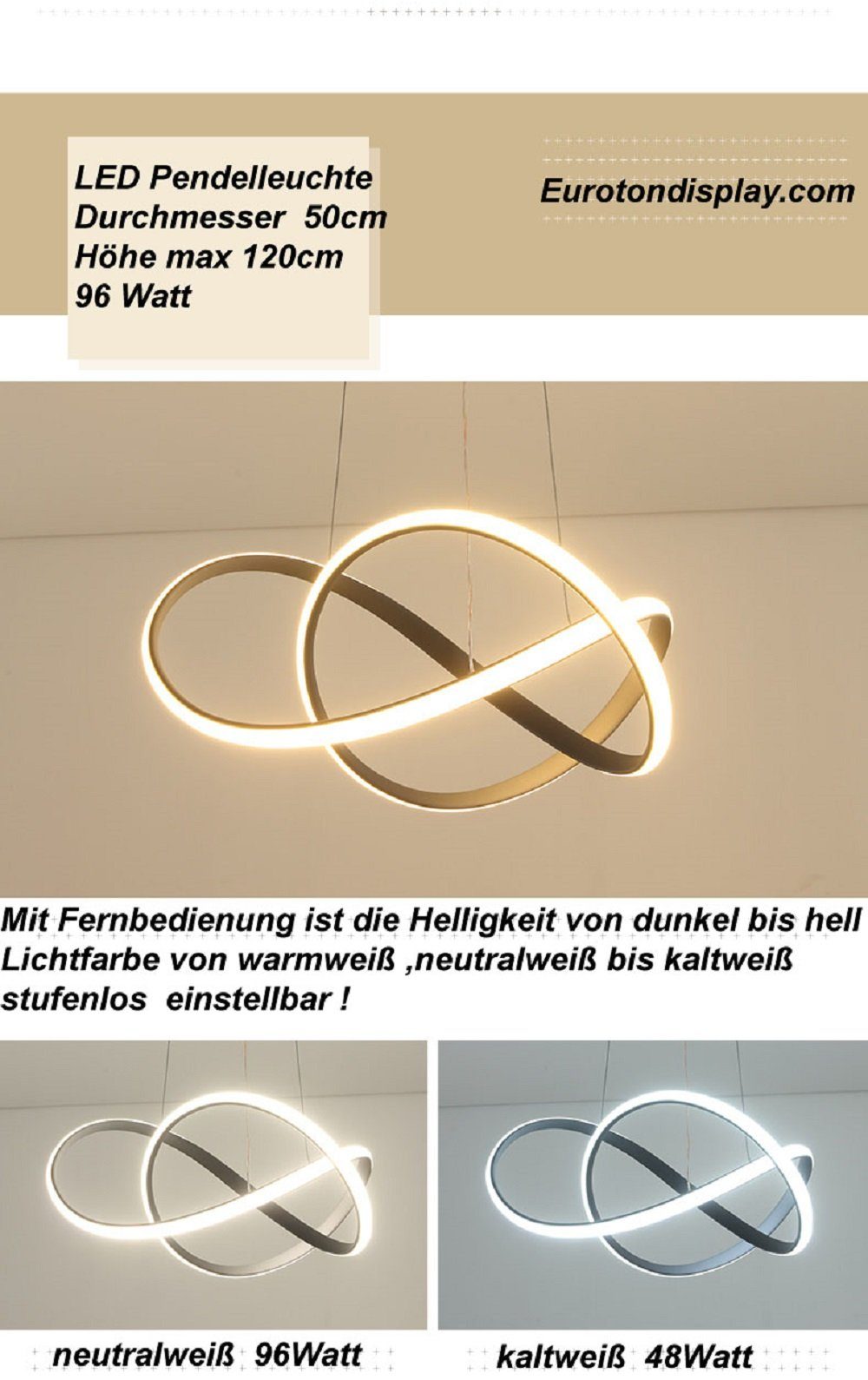 Euroton LED Pendelleuchte LED Pendelleuchte 9642 Deckenleuchte Fernbedienung inklusiv, LED fest integriert, mit Fernbedienung kaltweiß,neutralweiß bis warmweiß, – Bild 5 von 5