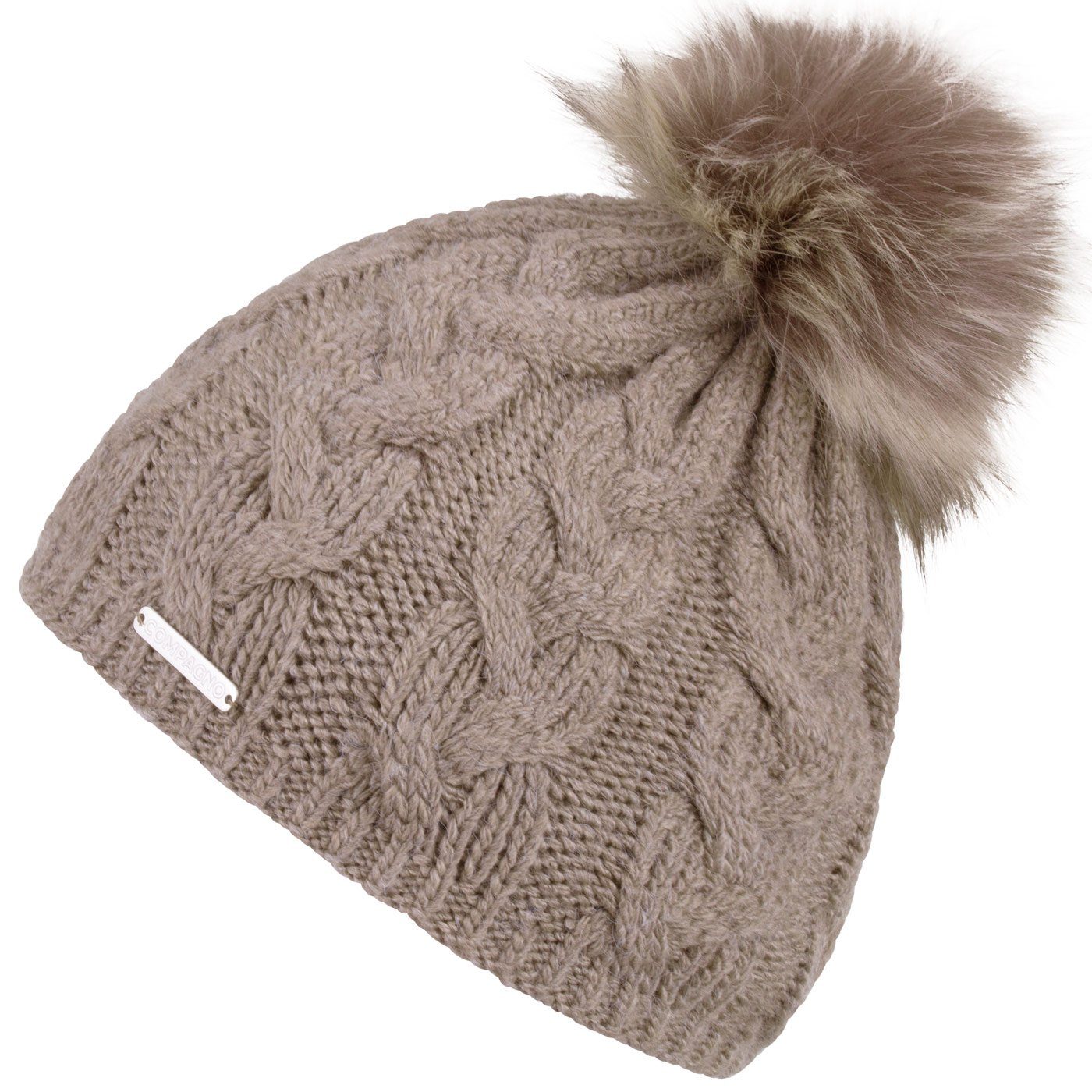 compagno Bommelmütze (1-St) Bommelmütze Wintermütze Zopf-Strickmuster Damen Fleecefutter Beanie