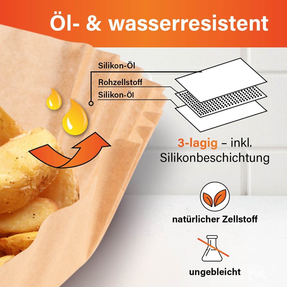 GOURMETmaxx Backpapier Schalen für Heißluft Fritteusen 100 Stk, Antihaft Beschichtung, Öl-, wasser- und hitzebeständig