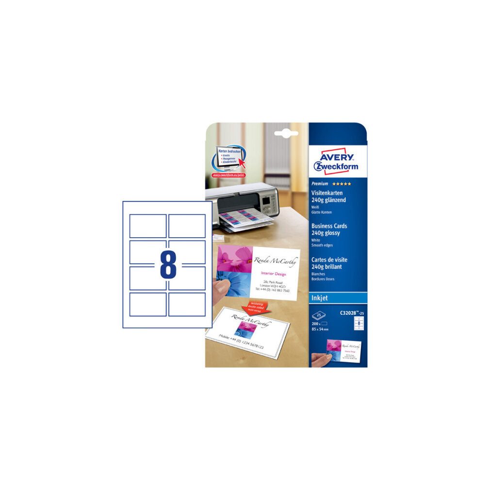 Avery Zweckform Visitenkarten 200 Visitenkarten C32028-25 hochglänzend weiß 240 g/qm