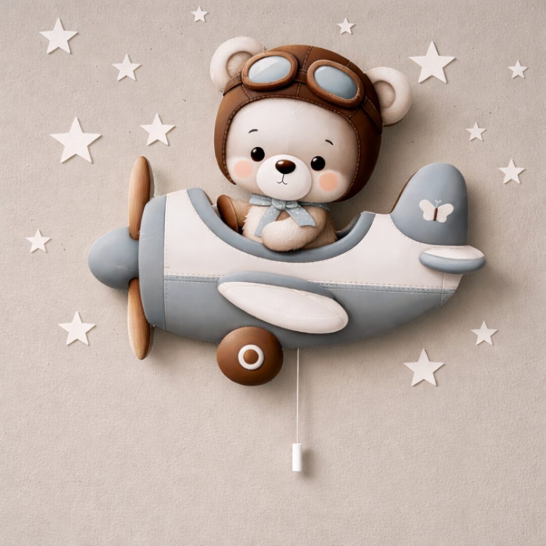 COZYCOLLECTIONS LED Wandleuchte Bärenpilot-Wandnachtlicht im Flugzeug, LED, Warmweiß, Montessori-inspiriertes Nachtlicht für ruhige Abendrituale