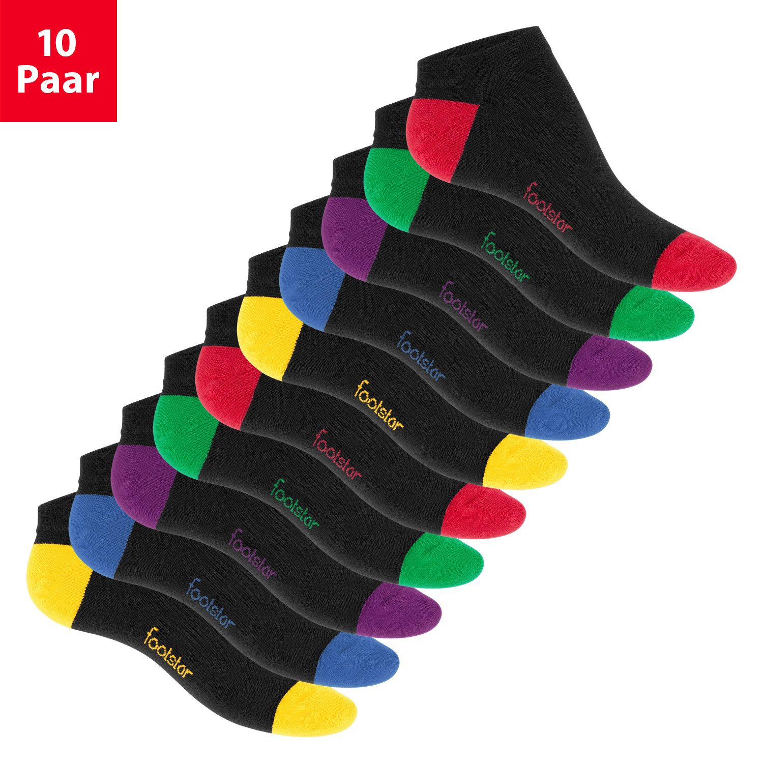 Footstar Sneakersocken 10 Paar Sneaker Socken für Damen & Herren - Bunte Ferse & Spitze (10-Paar)