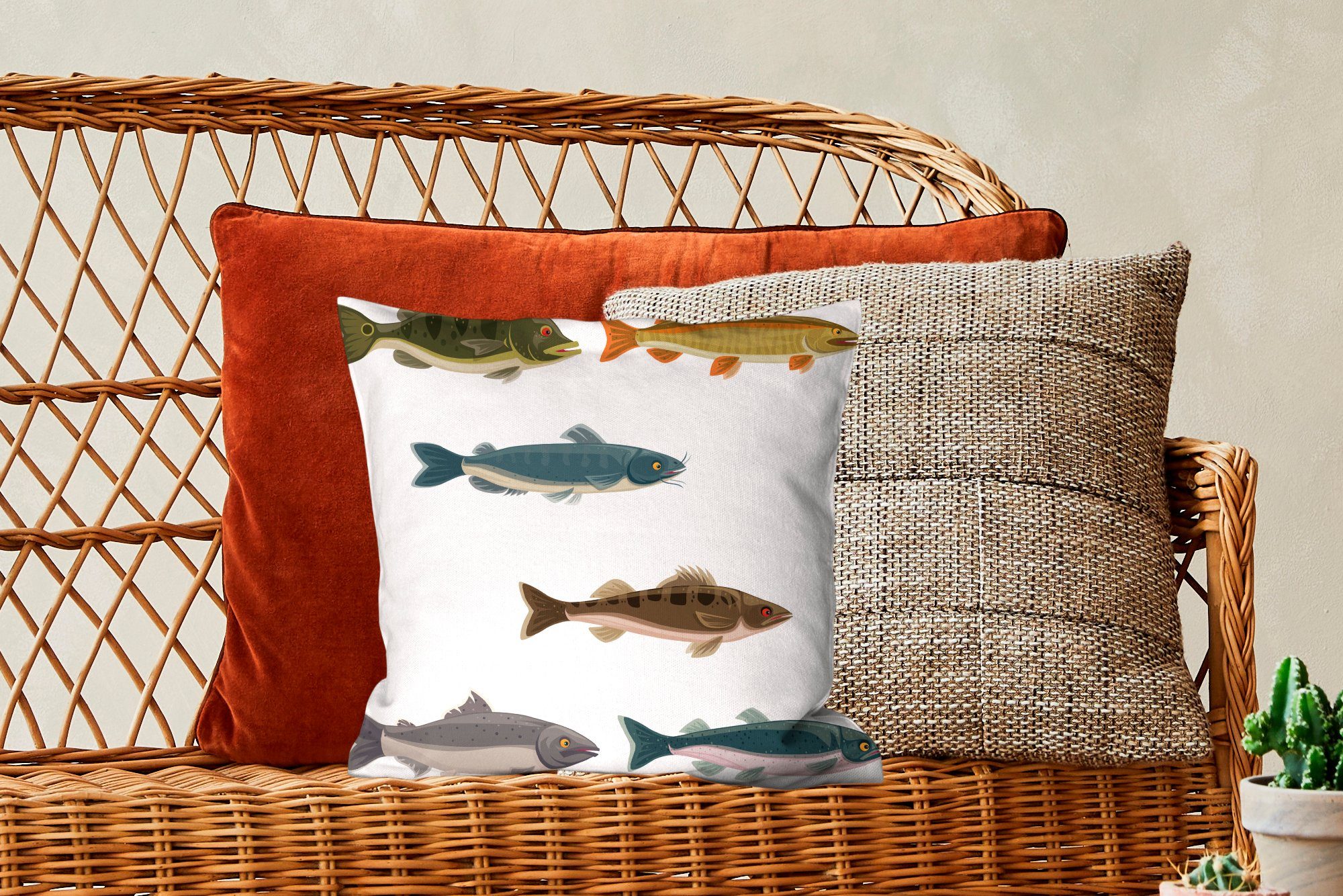 Illustration Schlafzimmer, MuchoWow Fischen, für Dekokissen Füllung farbigen Eine mit Wohzimmer, von sechs Sofakissen Zierkissen Deko,