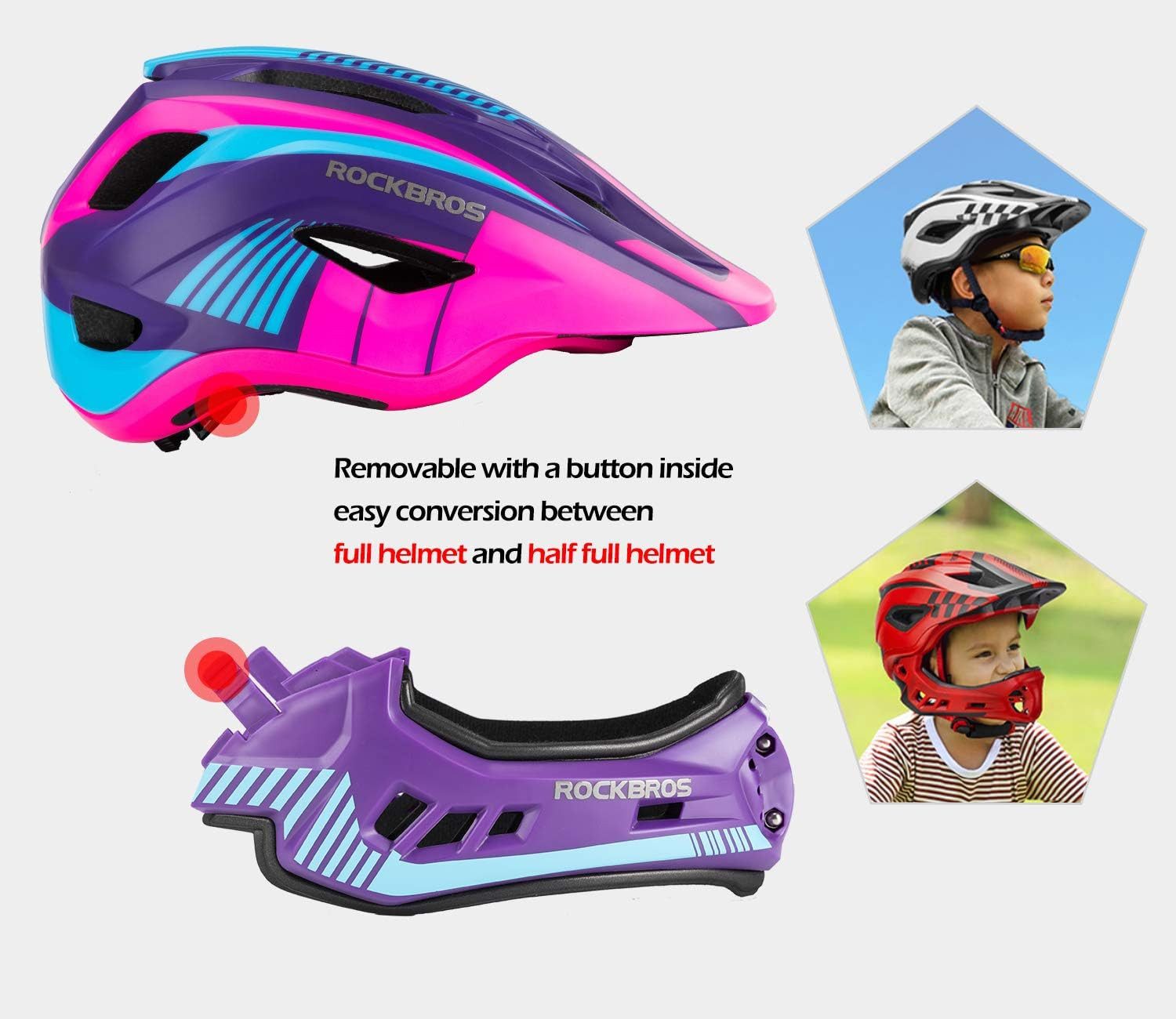 ROCKBROS Kinderhelm Integriert Fahrradhelm Kinder Jugend Fullface Helm (S 48-53cm M 53-58cm), mit Abnehmbarem Kinnschutz BMX MTB Downhill Helm