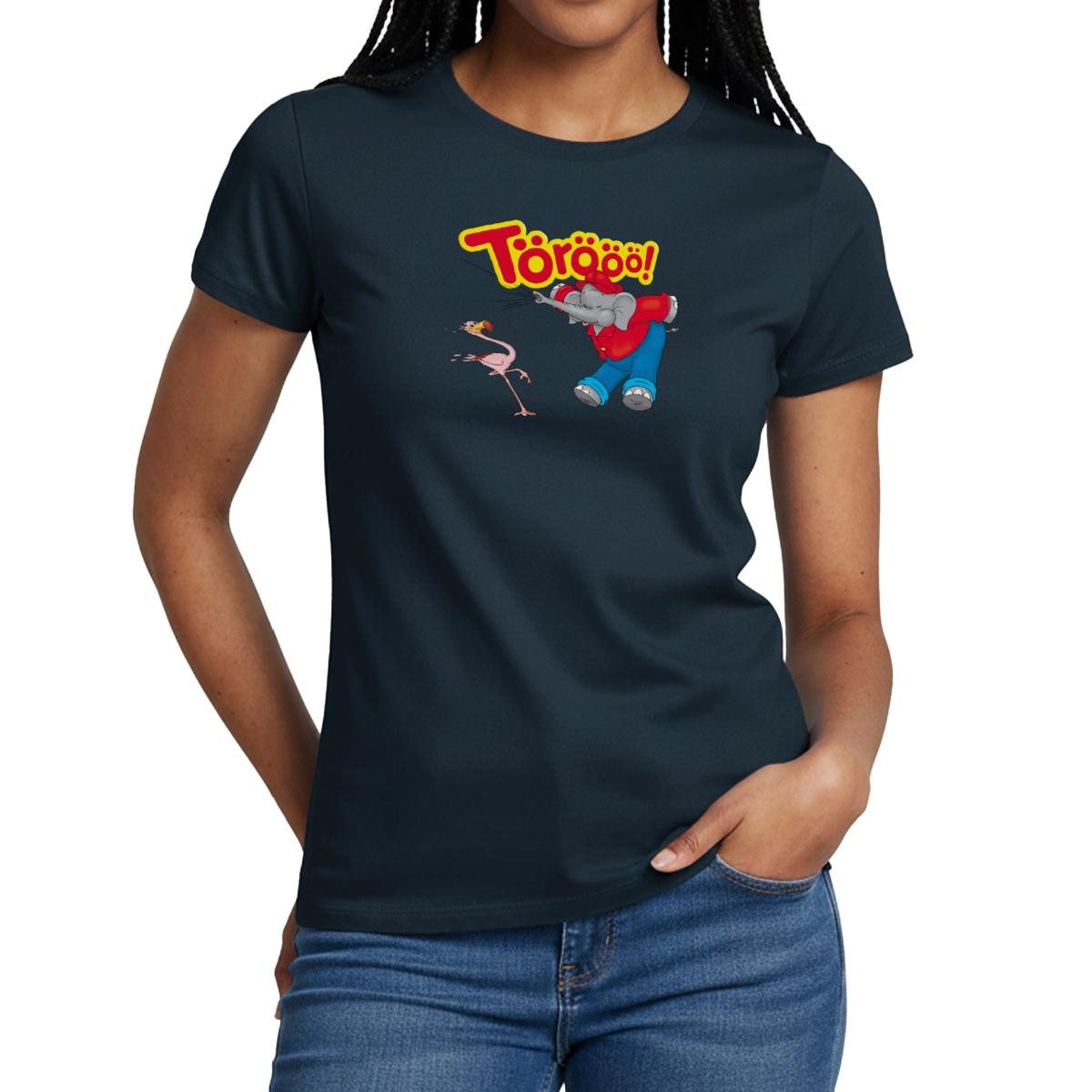 Spreadshirt T-Shirt Benjamin Blümchen Mit Flamingo Törööö Frauen T-Shirt (1-tlg) Slim Fit, fällt klein aus
