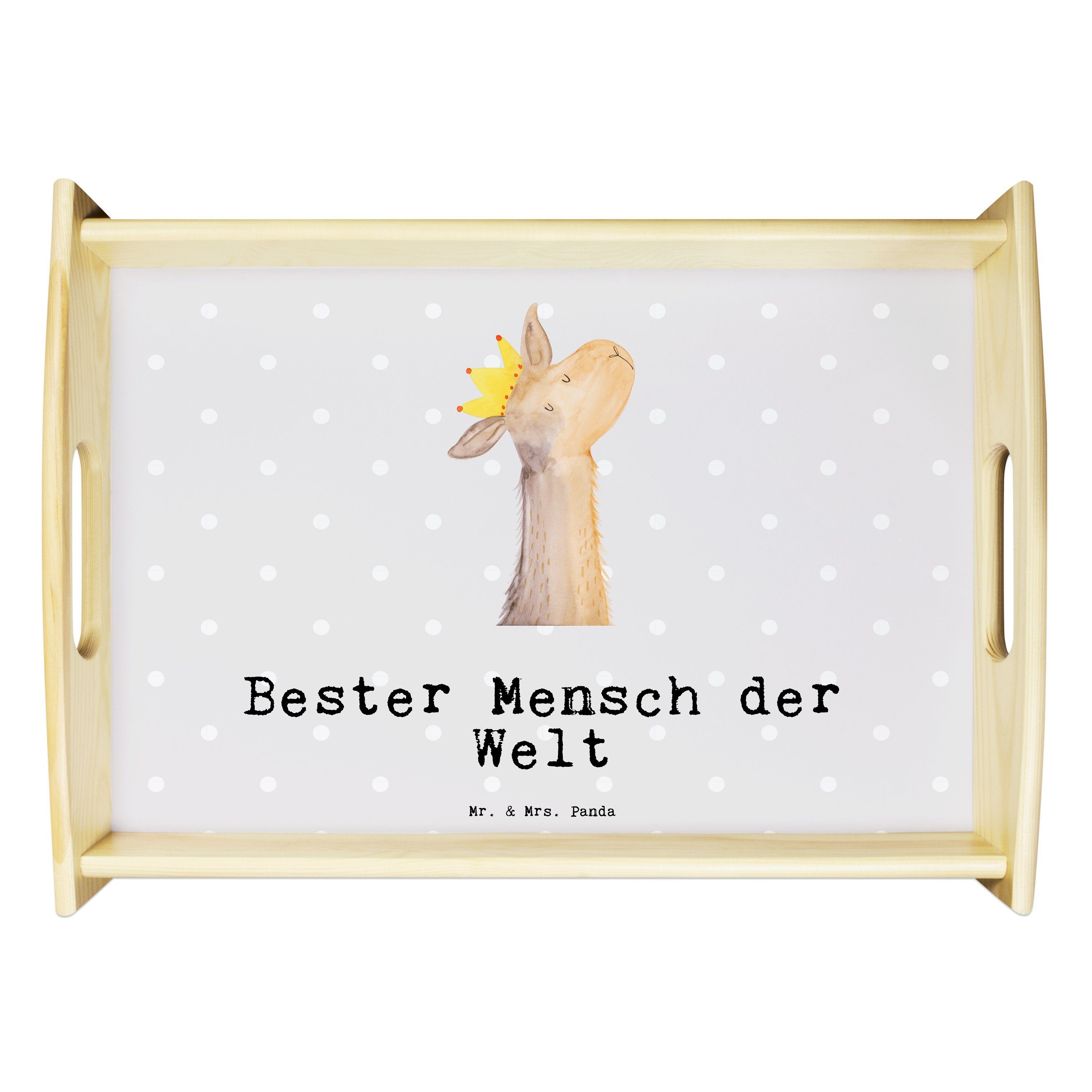 Mr. & Mrs. Panda Tablett Lama Bester Mensch der Welt - Grau Pastell - Geschenk, Holztablett, E, Echtholz lasiert, (1-tlg)