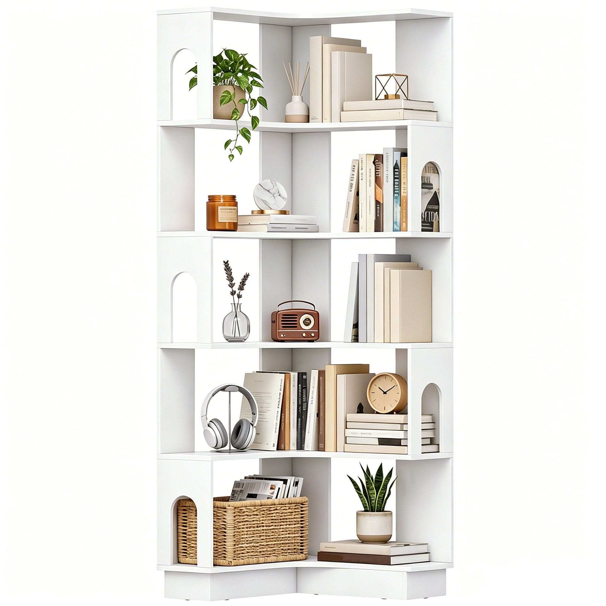 MC Star Bücherregal Eckregal, 6-stufige Ablage mit gebogenen Seitenwänden, 60 x 60 x 165,5 cm, weiß
