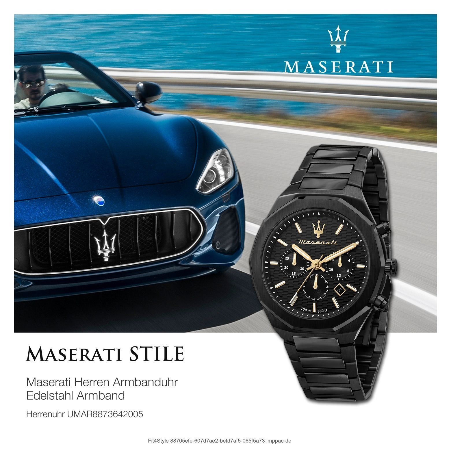 Herrenuhr Edelstahlarmband, Italy Chronograph 45mm) (ca. STILE, schwarz Chronograph Maserati Herren Made-In rund, MASERATI groß