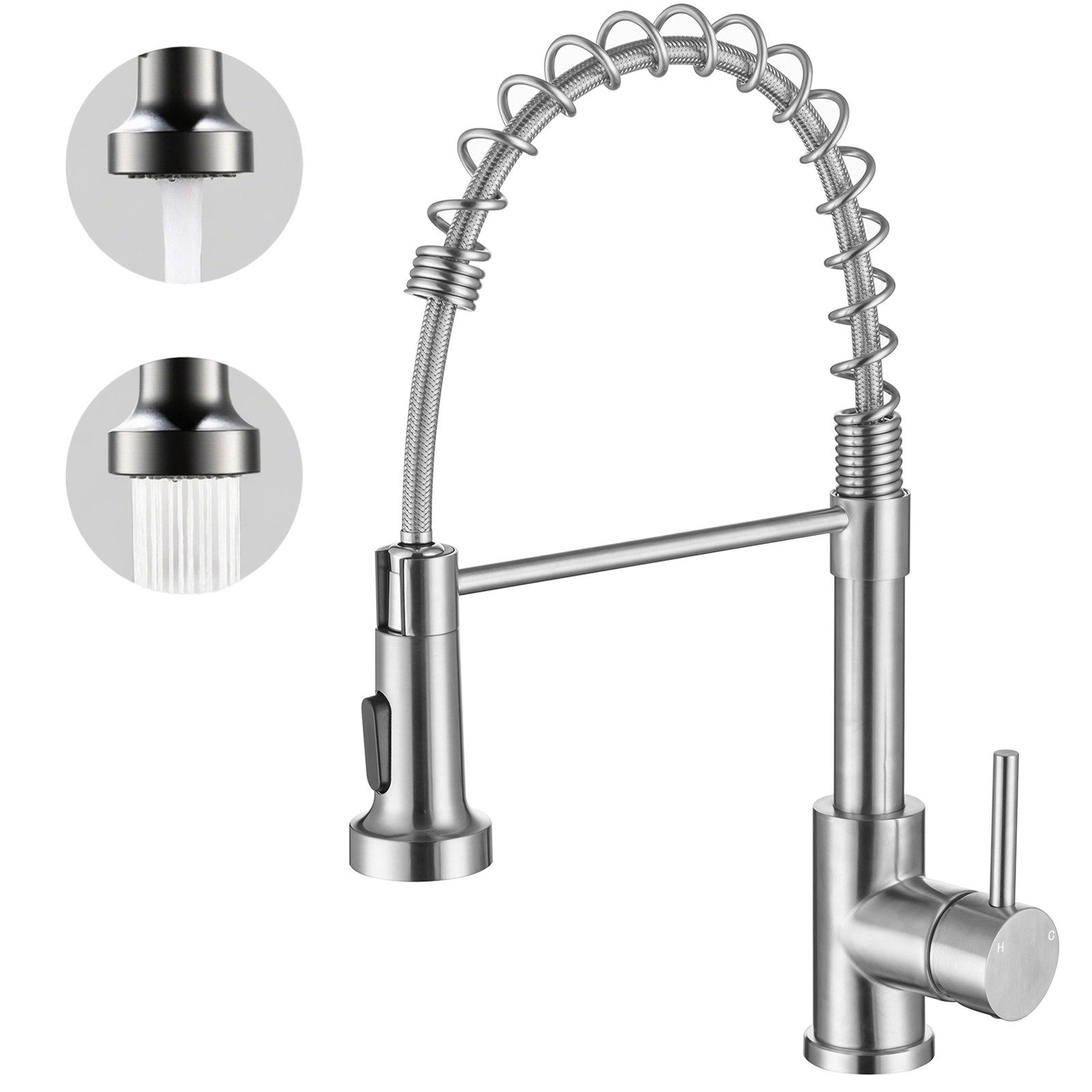 AICA Küchenarmatur Wasserhahn küche mit ausziehbarer Brause, schwenkbar für Küche & Bad Küchenarmatur mit Spiralfeder aus Edelstahl für Warm- und Kaltwasser