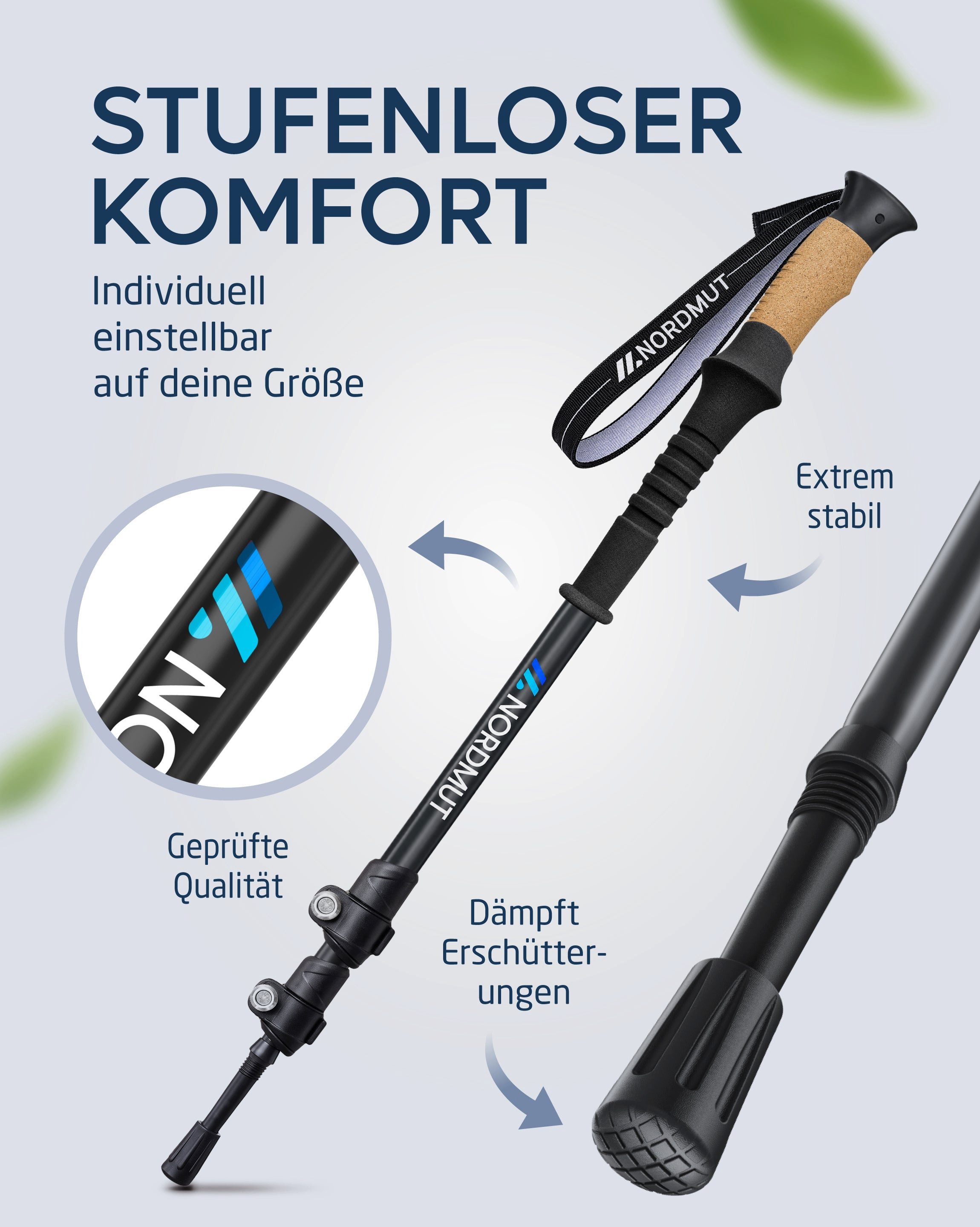 Nordmut Wanderstöcke Teleskop Trekkingstöcke, Nordic Walking Stöcke, Korkgriff, 65–135 cm (Set, 2 St., mit Tasche, Gummipuffern, Schnee- und Matschtellern), ult – Bild 3 von 5