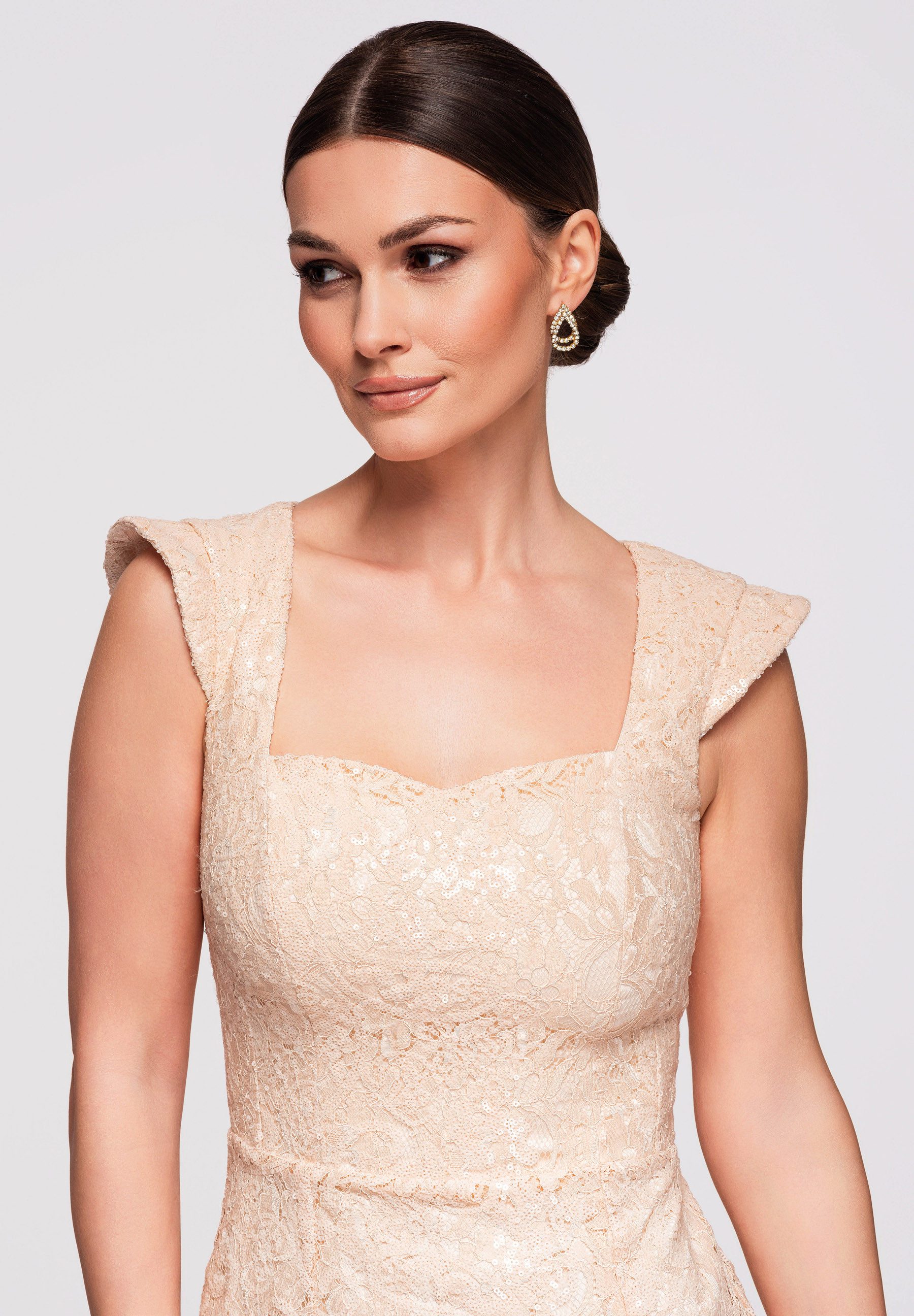 OMBRE Abendkleid Damen Cocktailkleid mit Pailletten und Schlitz Creme XS (kein Set, 1-tlg)