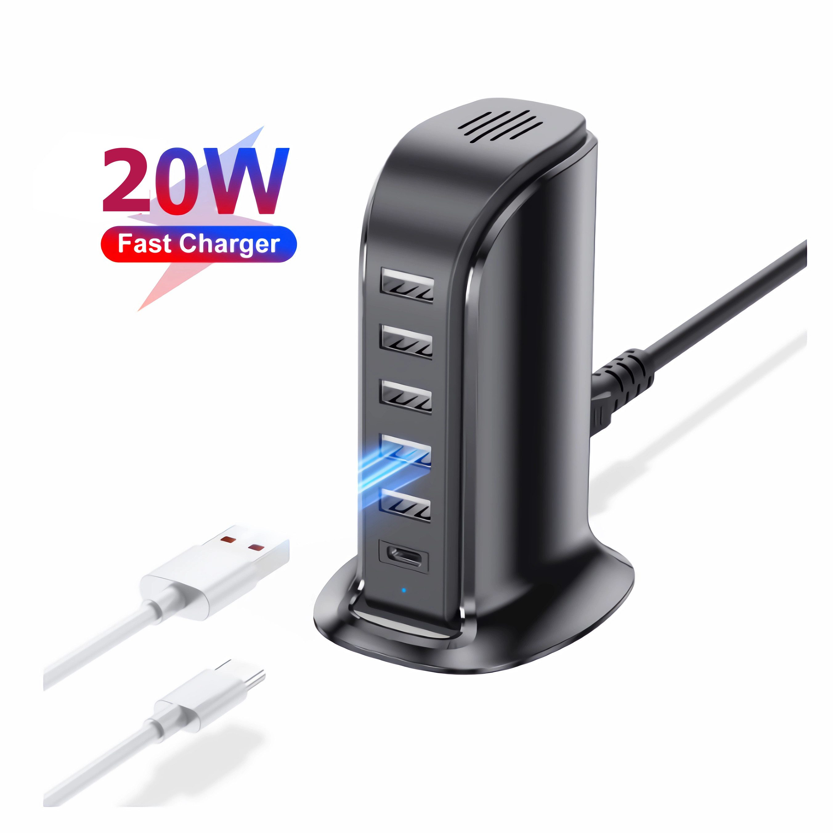 Bolwins D97C 6 Fach 4A 5V USB Port Netzteil Adapter Ladegerät Ladestation USB-Ladegerät (2100 mA, Packung, 1-tlg., 1x USB Ladegerät + Netzkabel, Schnellladefunktion Gleichzeitiges Laden mehrerer Geräte)