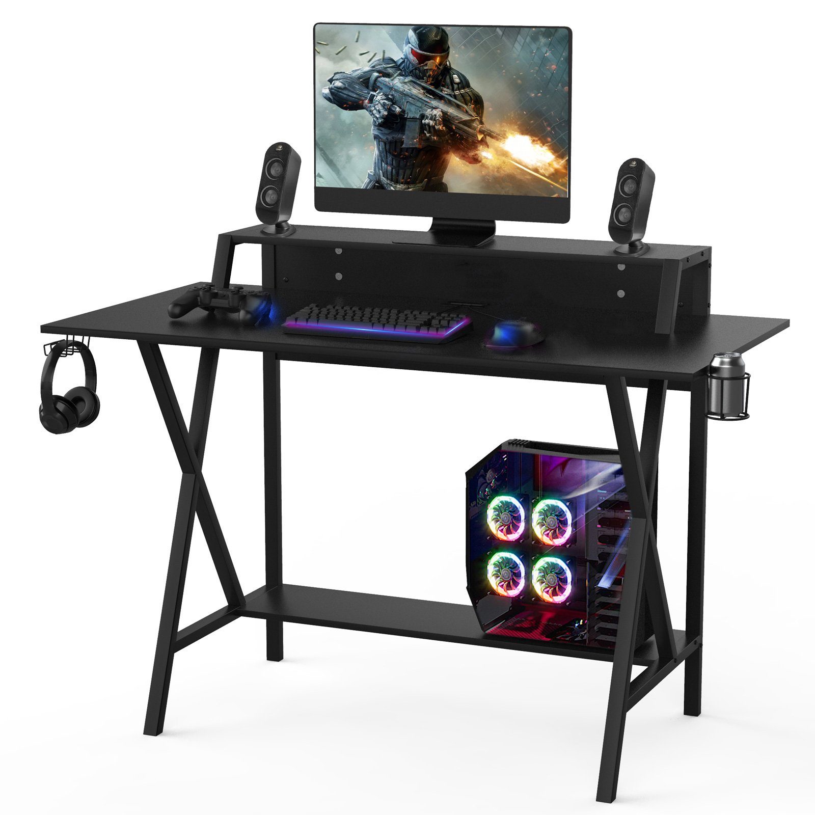 COSTWAY Gamingtisch, Stahlrahmen mit 60 cm, Regal, & 122 Monitorständer x