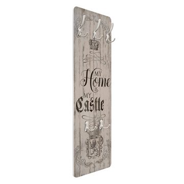 Bilderdepot24 Garderobenpaneel beige Holzoptik Bretteroptik Vintage Shabby My Home is my Castle (ausgefallenes Flur Wandpaneel mit Garderobenhaken Kleiderhaken hängend), moderne Wandgarderobe - Flurgarderobe im schmalen Hakenpaneel Design