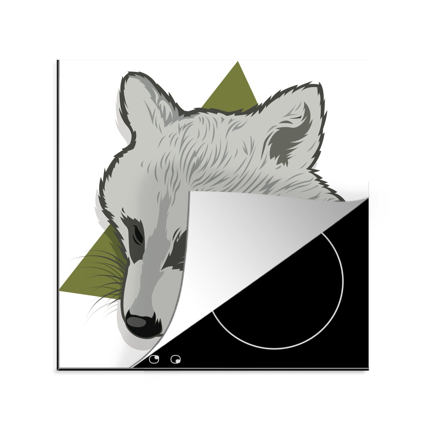 MuchoWow Herdblende-/Abdeckplatte Illustration des Kopfes eines Waschbären in einem grünen Dreieck, Vinyl, (1 tlg), 78x78 cm, Ceranfeldabdeckung, Arbeitsplatte für küche