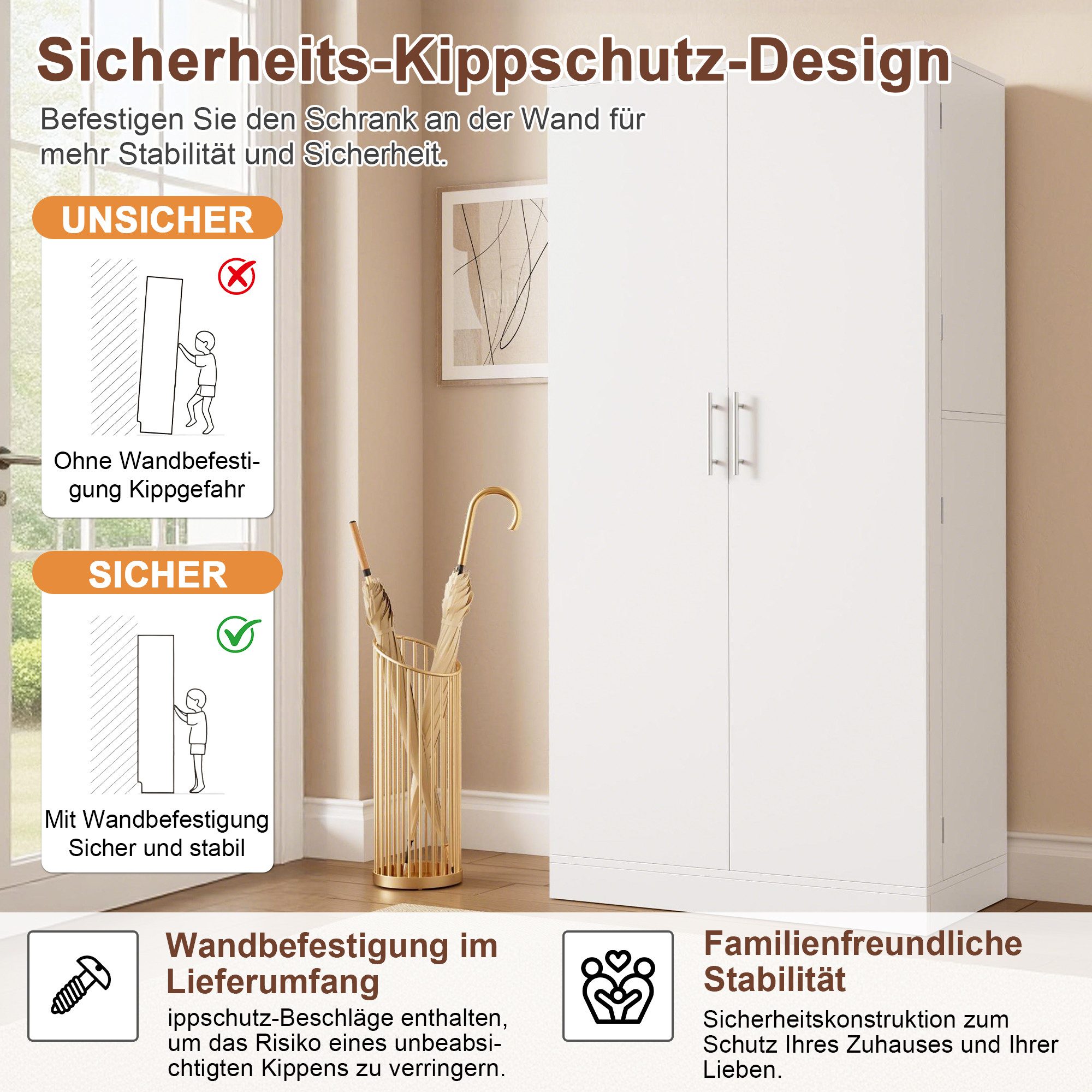 i@home Schuhschrank mit Türen und Ablagefächern (hoher moderner Flurschrank, 80x40x160 cm) Großer Schuhschrank mit viel Stauraum für Diele & Flur Weiß – Bild 3 von 5