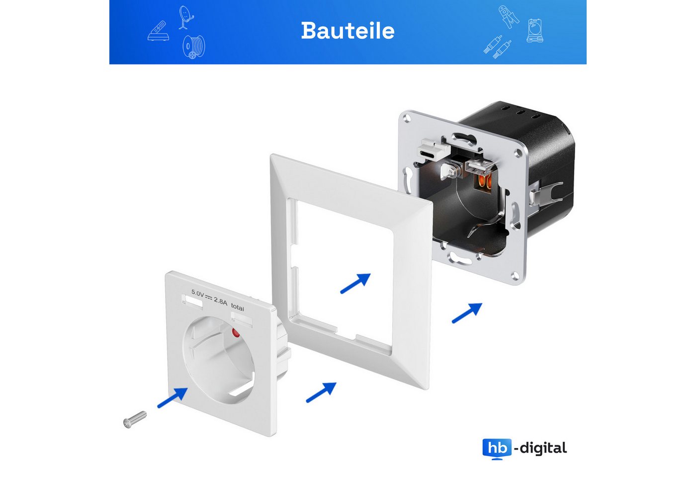 Thumbnail - HB-DIGITAL Unterputz-Steckdose hb-digital USB Steckdose Unterputz Schutzkontakt 1x USB-C 1x USB-A, 1-St., Integrierte US...