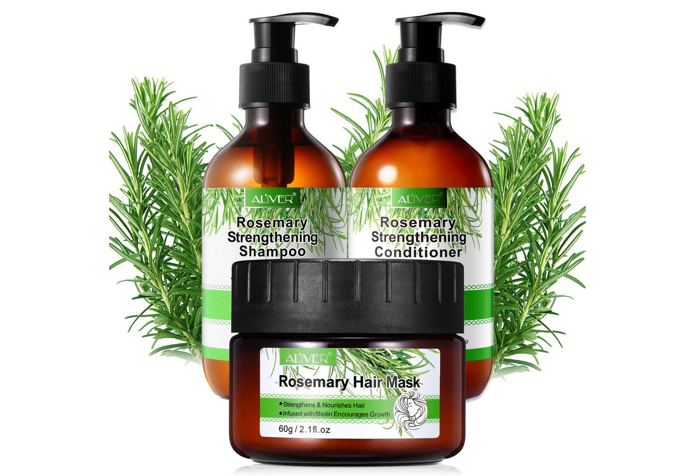 ALIVER Haarpflege-Set Rosmarin Set Shampoo Conditioner Haarmaske Haaröl Haarwachstum Vegan
