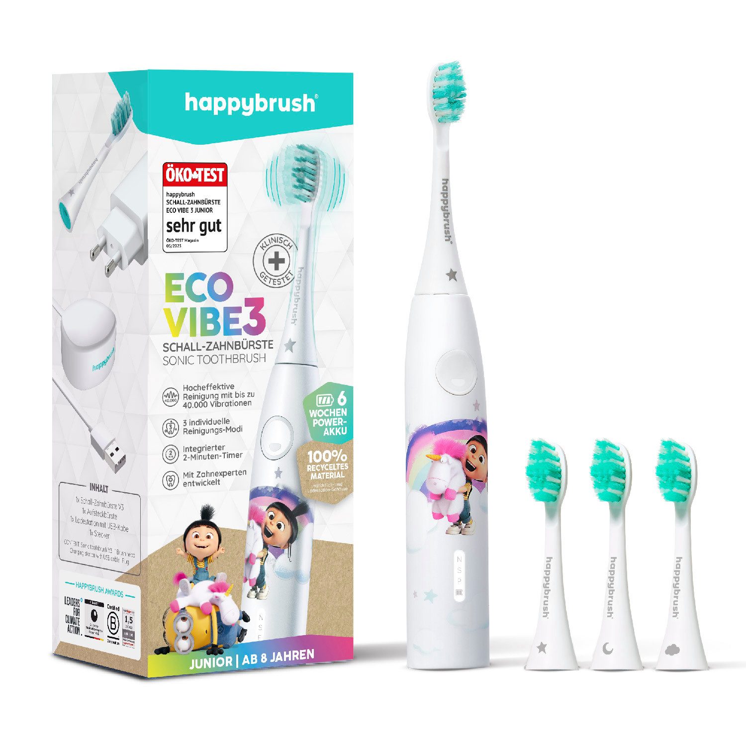happybrush Elektrische Kinderzahnbürste Eco Vibe 3 Agnes, Aufsteckbürsten: 4 St., Eco Vibe 3, 3 individuelle Putz-Modi, Schalltechnologie