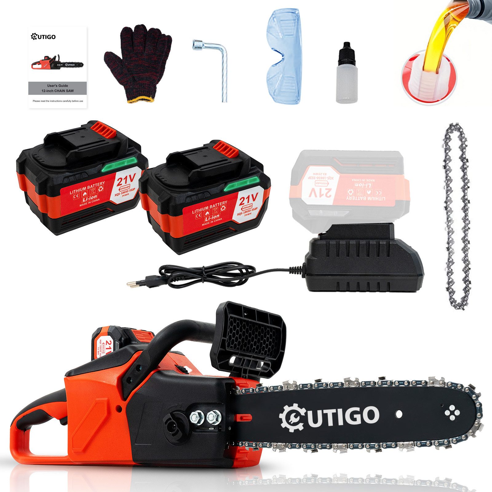 OUTIGO Akku-Kettensäge 12-Zoll-Akku-Kettensäge, 2 × 4000-mAh-Akku, 2 wiederaufladbare Akkus mit je 4000 mAh, Betriebsdauer 2–3 Stunden, 1000-W-Bürstenlosmotor, Kettensägen mit Akku