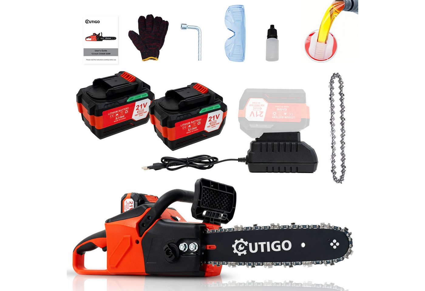 OUTIGO Akku-Kettensäge 12-Zoll-Akku-Kettensäge, 2 × 4000-mAh-Akku, 2 wiederaufladbare Akkus mit je 4000 mAh, Betriebsdauer 2–3 Stunden, 700-W-Bürstenlosmotor, Kettensägen mit Akku