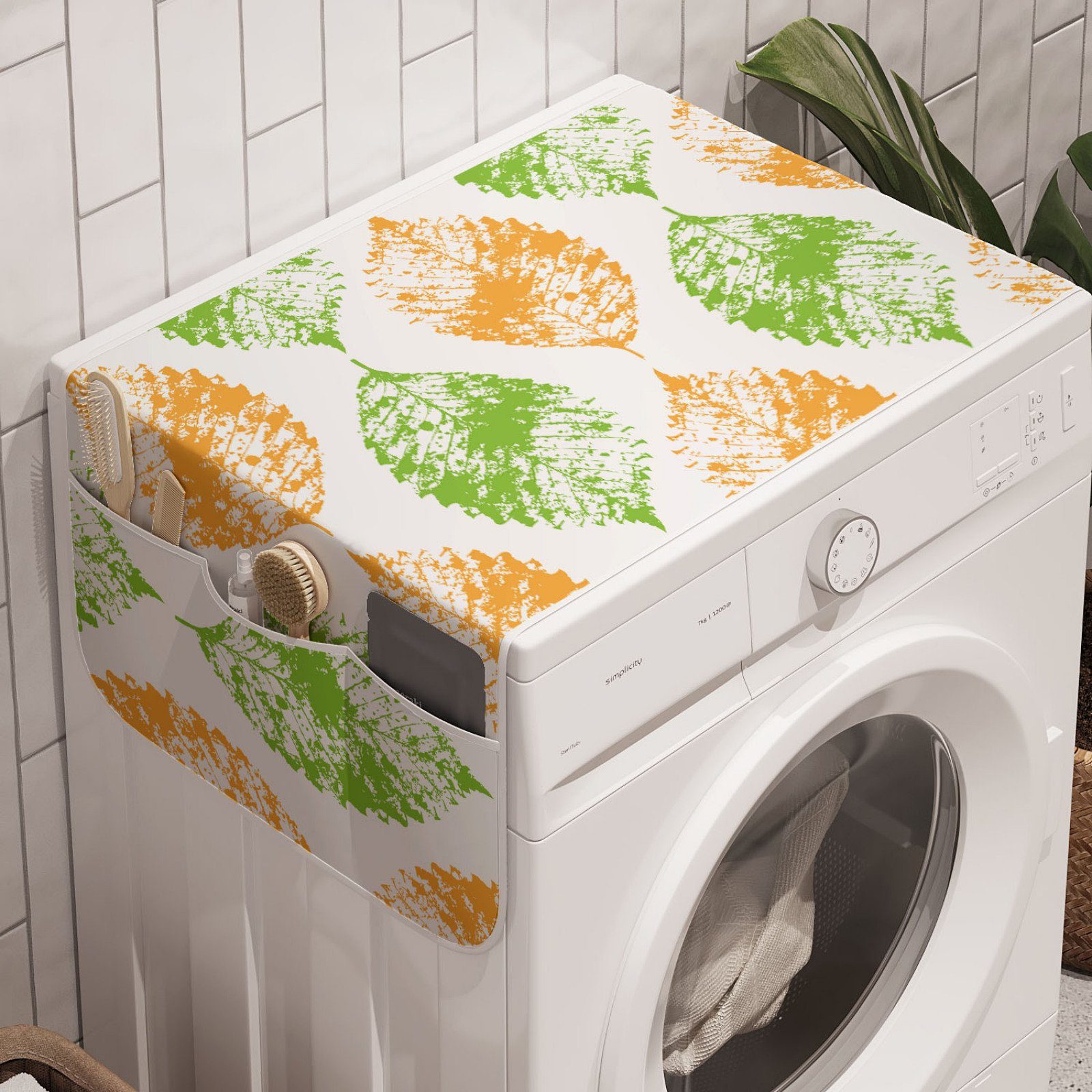 Illustration Blatt Trockner, Druck Anti-Rutsch-Stoffabdeckung Badorganizer von Abakuhaus Waschmaschine und Blätter für