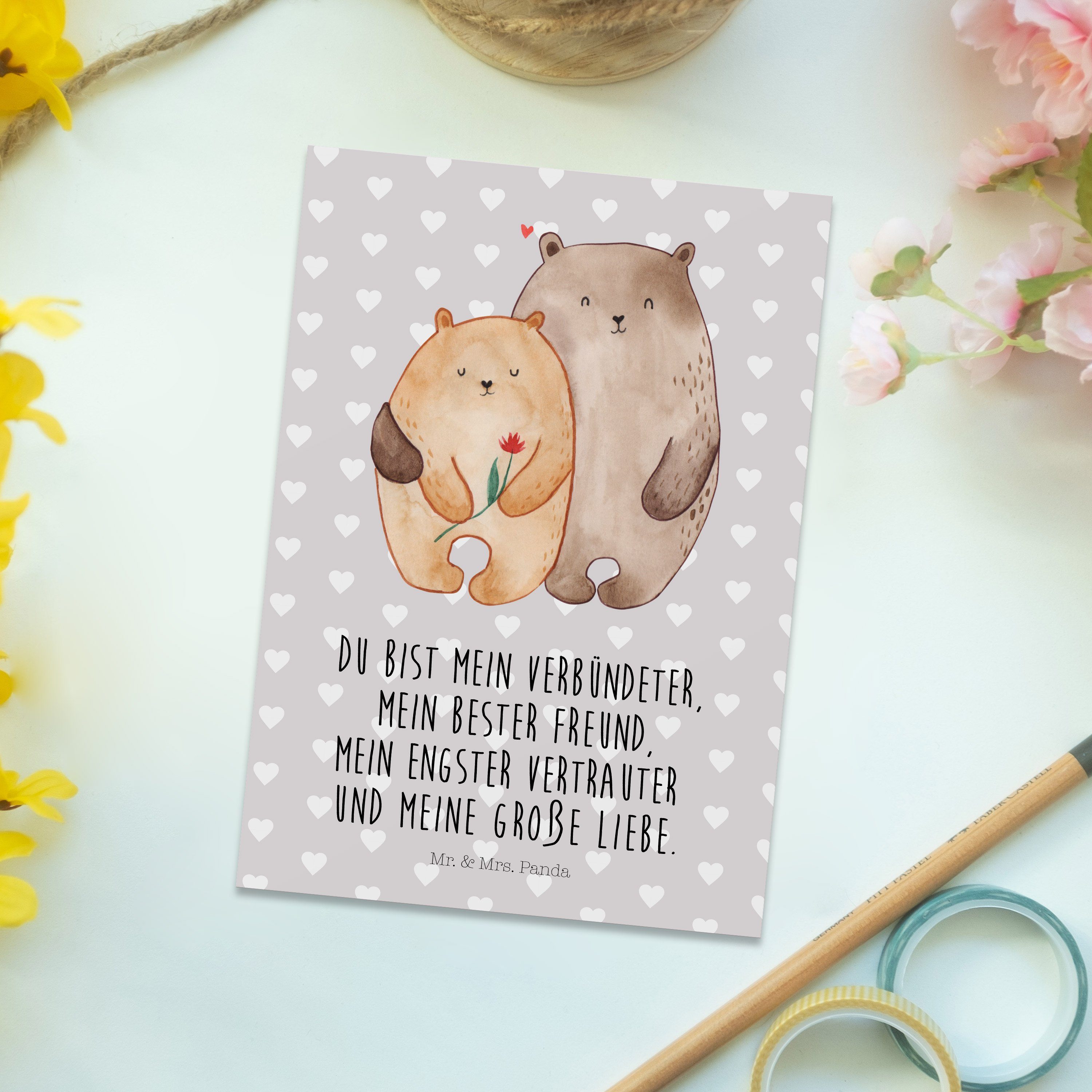 Grau Postkarte Bären Panda - D Umarmen, Liebe Geschenk, Verlobt, Mrs. Mr. - Einladung, Pastell &