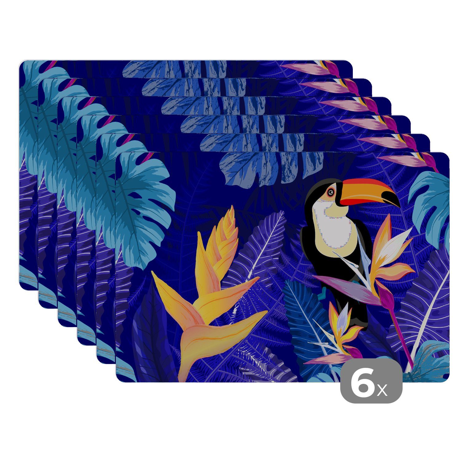 MuchoWow Platzset Dschungel - Tukan - Blumen - Pflanzen - Kinder - Lila - Tiere, (6-St), Platzsets, Tischset, Abwaschbar, Tischsets, Platzdeckchen