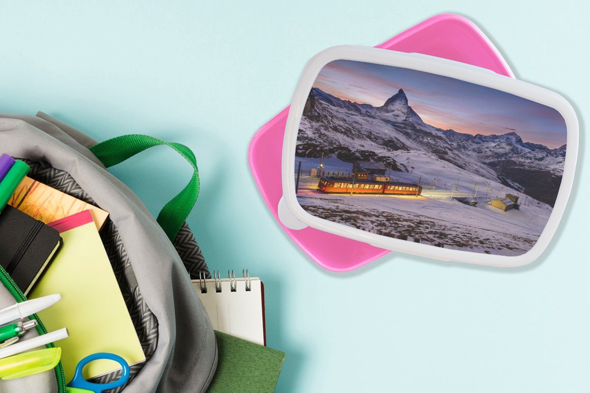 Brotdose im Matterhorn Snackbox, Kanton Wallis, dem Gornergratbahn (2-tlg), Mädchen, MuchoWow für Brotbox Schweizer Erwachsene, Kunststoff Kunststoff, vor rosa Lunchbox Kinder,