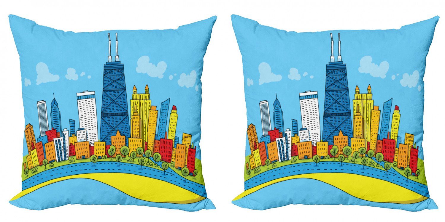 Kissenbezüge Modern Accent Doppelseitiger Digitaldruck, Abakuhaus (2 Stück), Chicago Skyline Cartoon Blick auf die Stadt