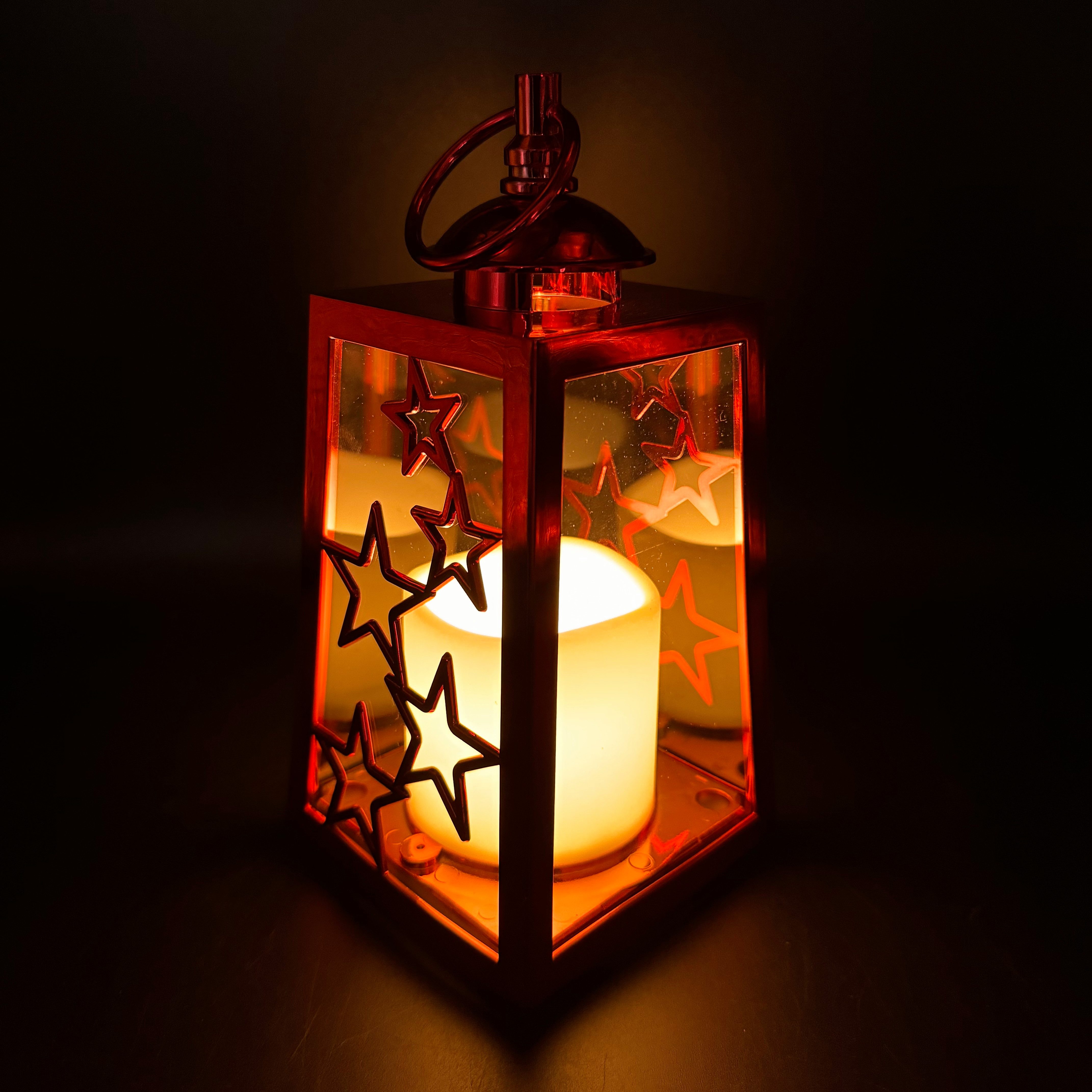 Online-Fuchs LED Laterne im 3er Set mit LED-Kerzen, Timer und Sternen verziert - Outdoor, Dauerleuchten oder Flackereffekt wählbar, warmweiße LED-Flamme, Dekoration für Herbst, Winter und Weihnachten