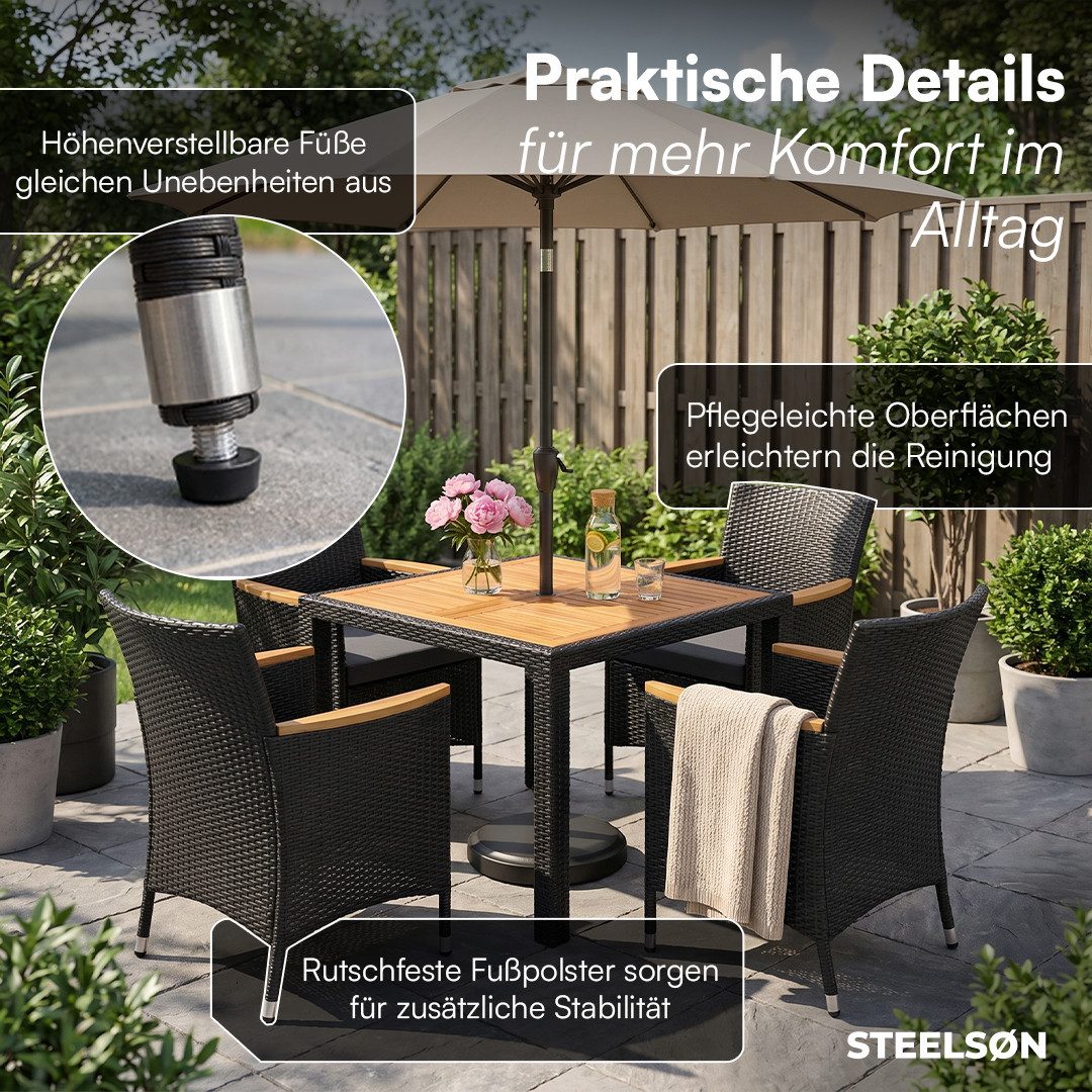 STEELSØN Garten-Essgruppe Fawaris wetterfest, Polyrattan Sitzgruppe mit Akazienholz, (Schwarz, 1 Tisch & 4 Gartenstühle), Gartentisch verfügbar mit 4 oder 6 Stühlen