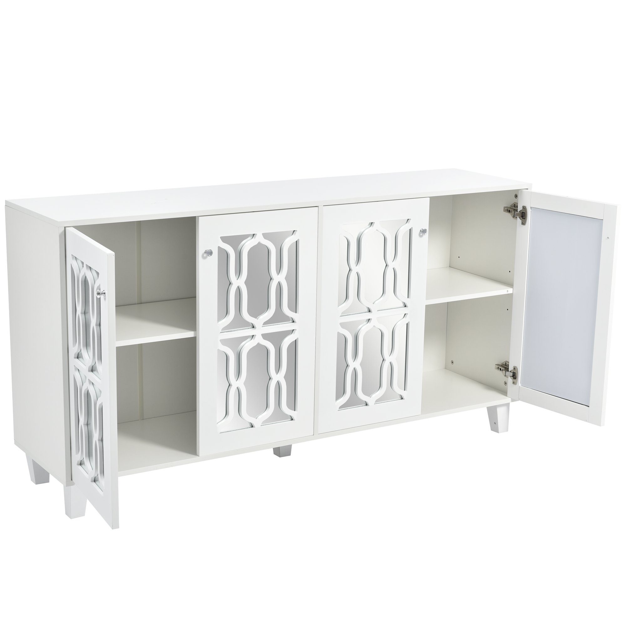 EXTSUD Anrichte Weißes Sideboard mit Kristallgriffen, 4 Türen, 160 cm, Mit herausnehmbarem Laminat für Wohn- und Esszimmer, 160 x 40 x 84cm