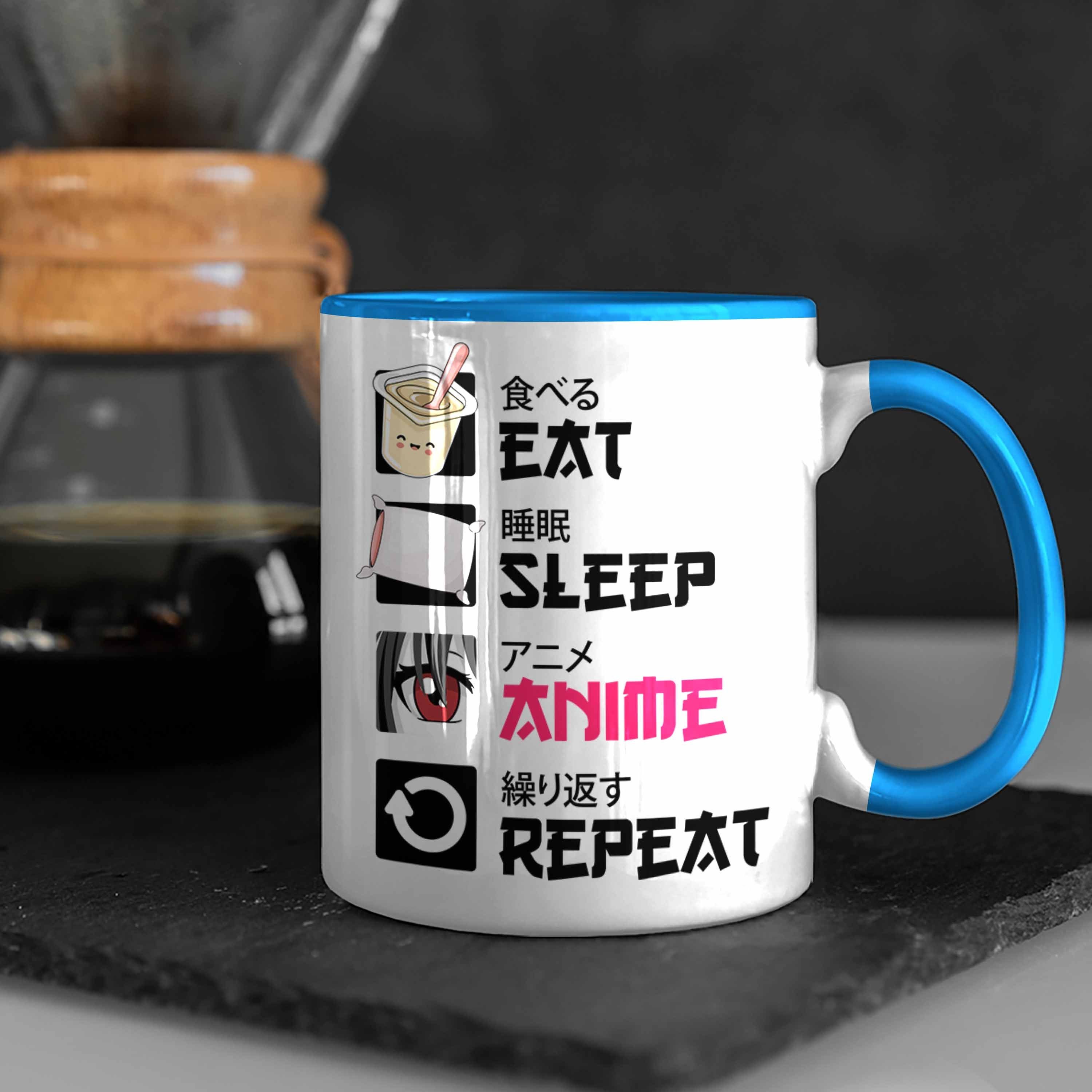 Trendation Anime Geschenke Geschenk Deko Kaffeetasse Trendation Sleep - Tasse Eat Blau Spruch Tasse