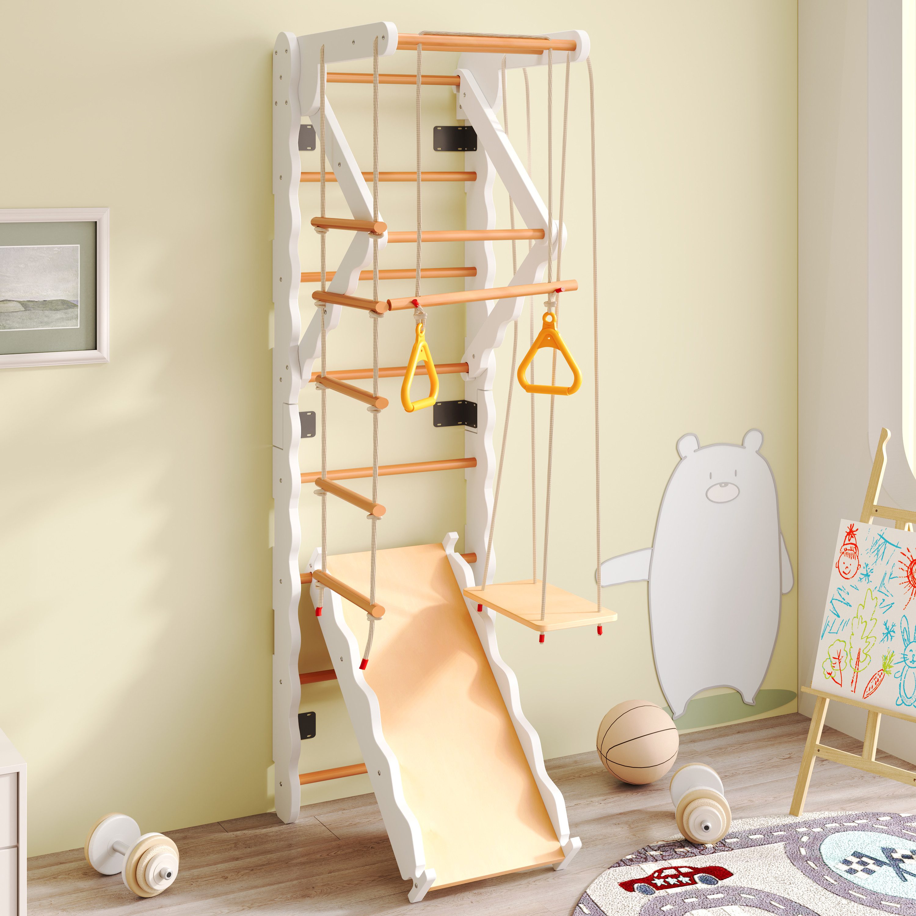 HT Klettergerüst 6-in-1 Multifunktions Klettergerüste, Sprossenwand, 60x61.7x199 cm, (Jungle Gym-Set, Rutsche,Schaukel,Krabbelleiter,Klettergerüst,Klimmzugsbereich,Ringe), Sperrholz,Massivholz,Buche,Max-Belastung-50 kg