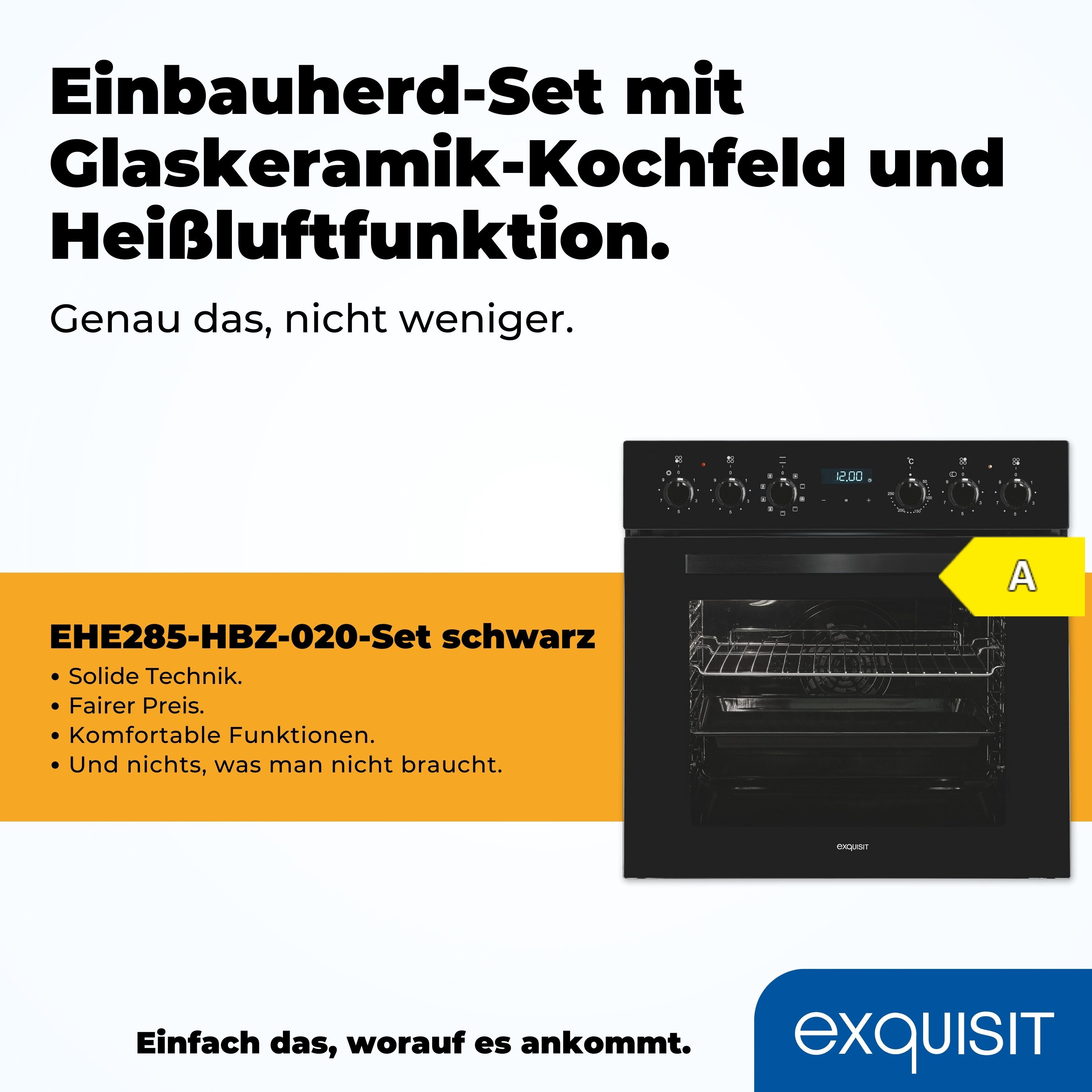exquisit Elektro-Herd-Set EHE285-HBZ-020, mit Teleskopauszug nachrüstbar, Heißluft:Braten mit knuspriger Kruste,Pizzastufe für die Pizza zuhause