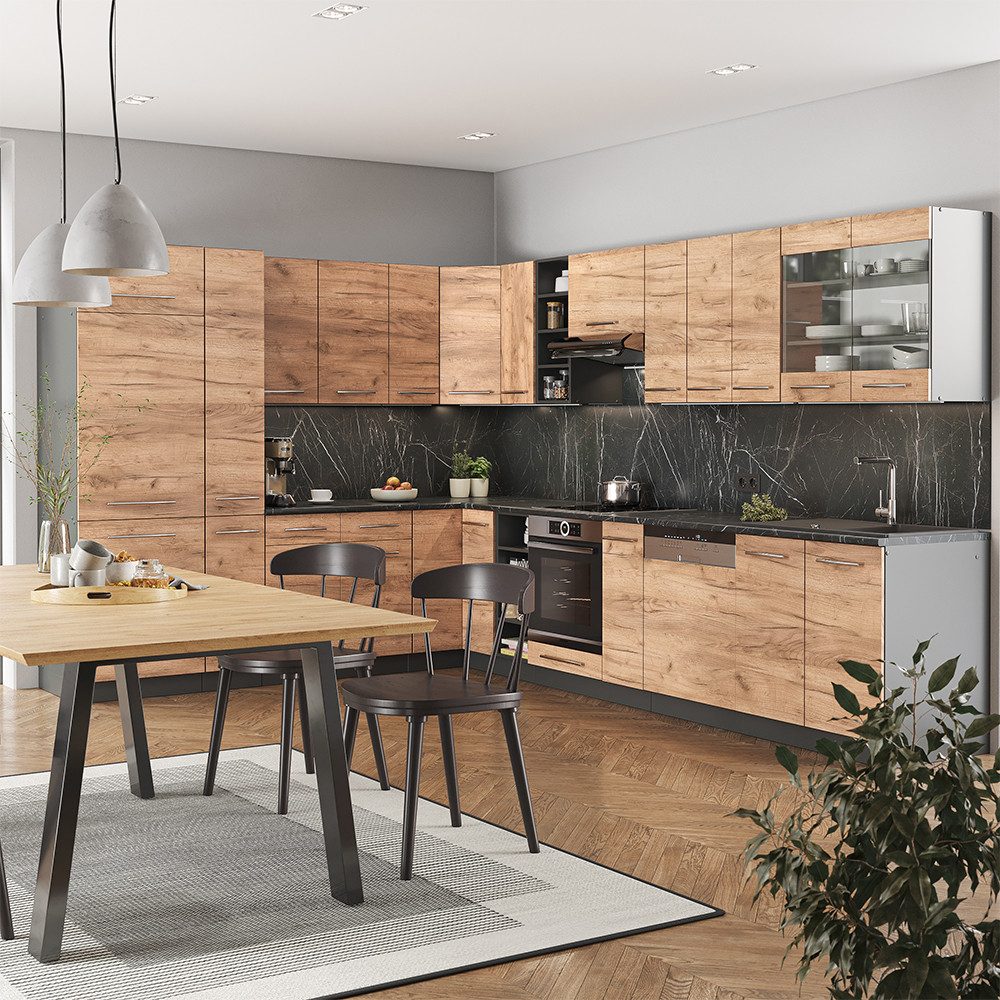 Vicco Winkelküche Fame-Line, Goldkraft Eiche/Anthrazit, 347 x 257 cm, AP Anthrazit