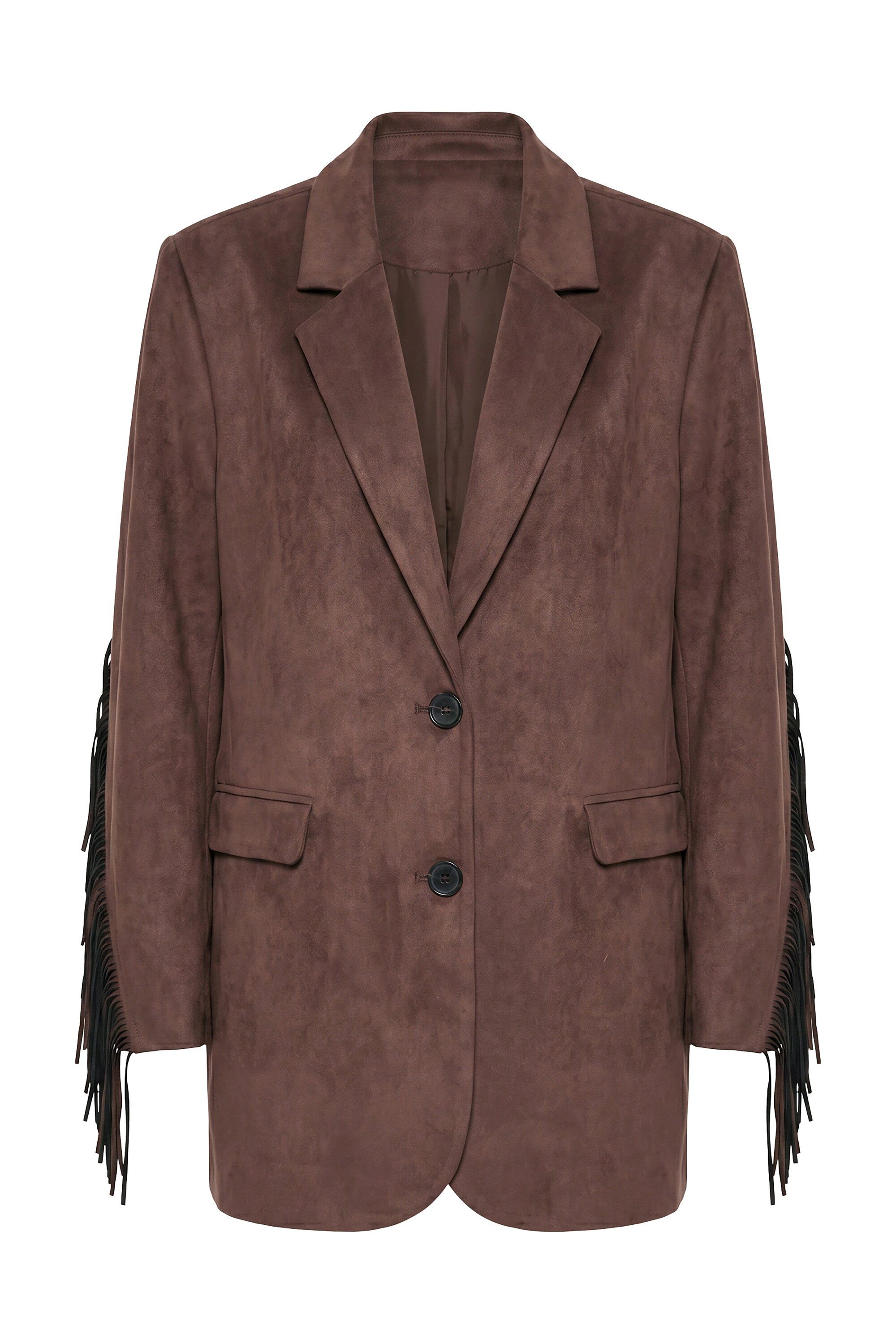 Studio Untold Blusenblazer Blazer oversized Velours Fakeleder Ärmelfransen