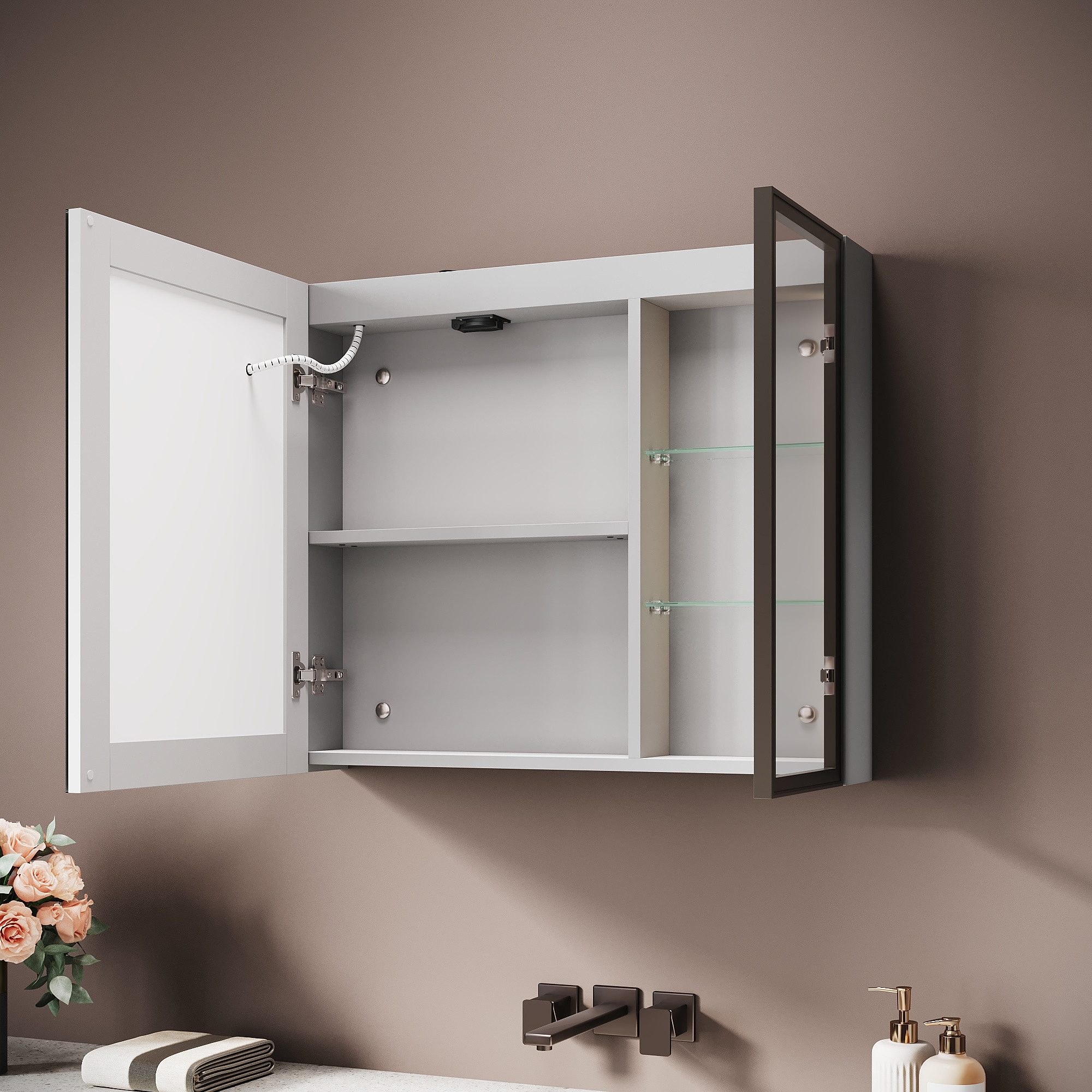 SONNI Spiegelschrank Badezimmerspiegelschrank, Spiegelschrank Badezimmer mit LED-Spiegel mit Beleuchtung, Anti-Beschlag & Steckdose, Licht in 3 Farbtemperaturen