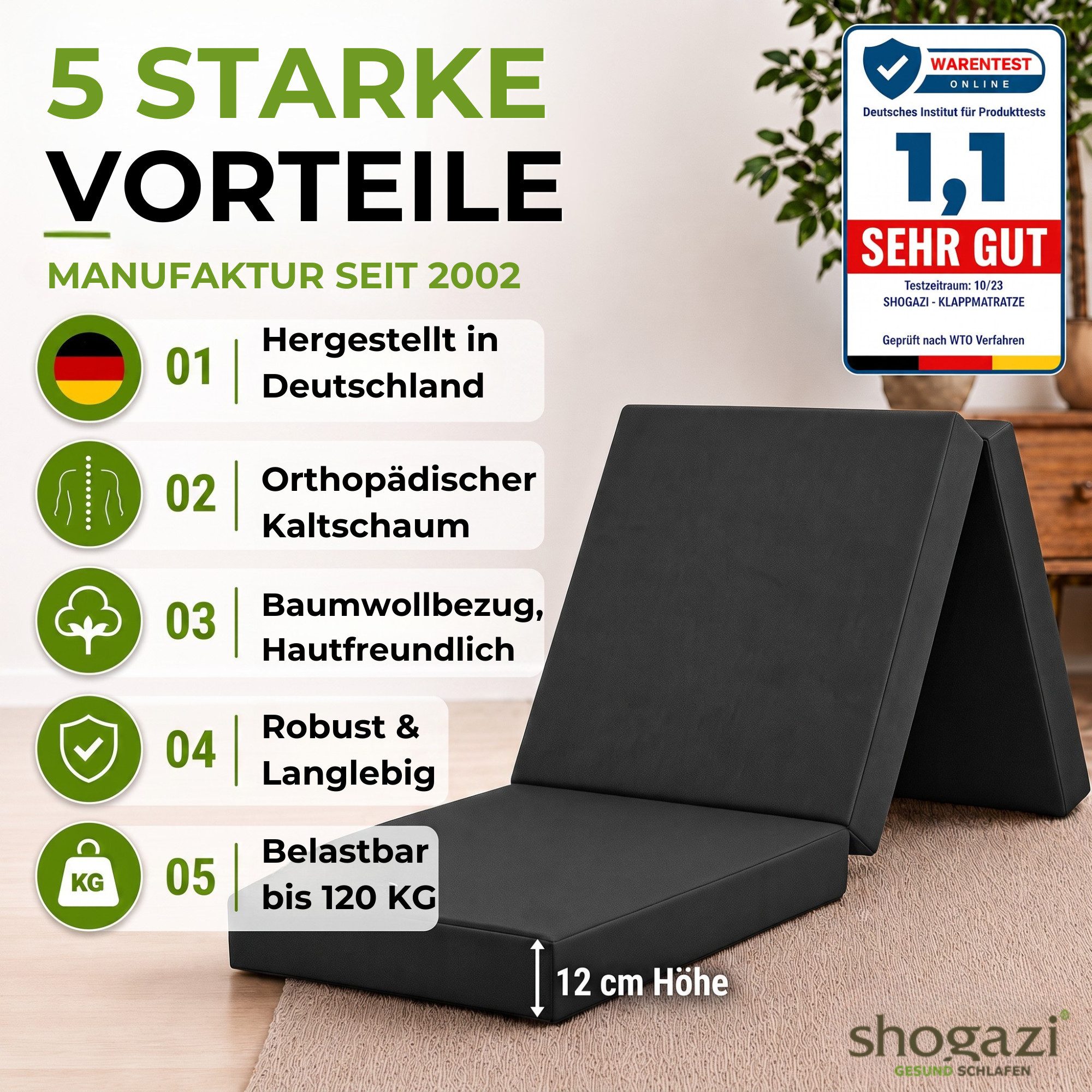 Klappmatratze Faltmatratze, Gästebett klappbar, Gästematratze, shogazi ®, 12 cm hoch, MADE IN GERMANY