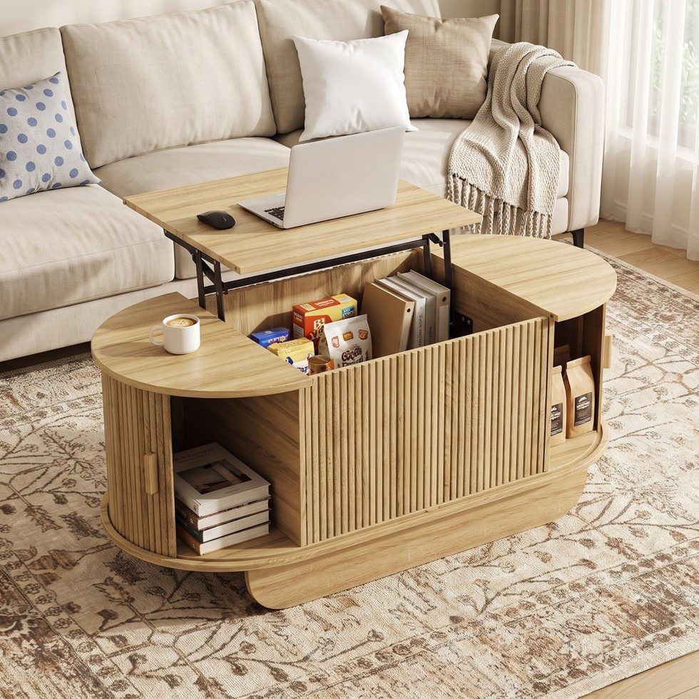 SVEYLXA Couchtisch Höhenverstellbarer mit Stauraum & Schiebetüren, Lift-Top (1-St)