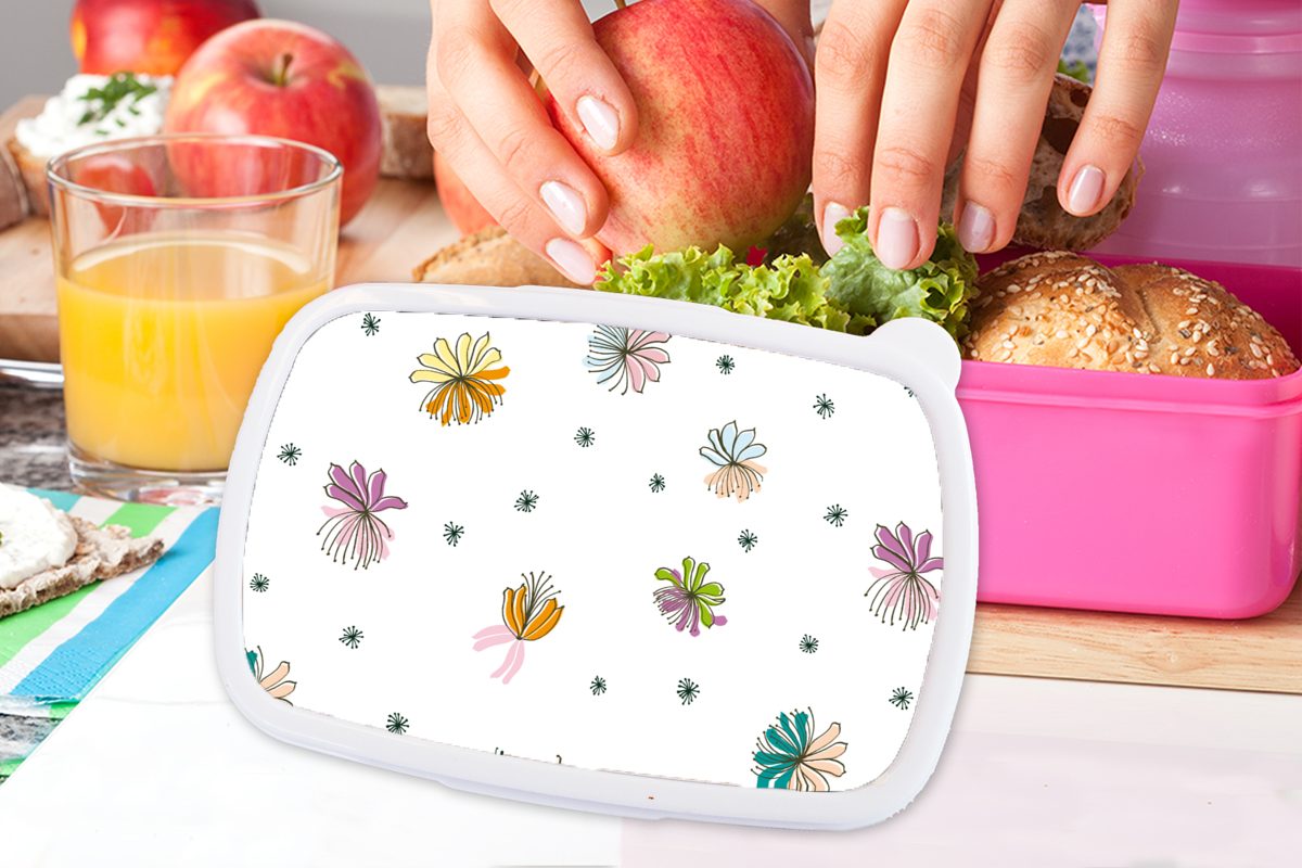 MuchoWow Lunchbox Blumen - Regenbogen Kinder, Brotbox Mädchen, Brotdose Pastell - (2-tlg), Snackbox, Erwachsene, Muster, - für Flora - Kunststoff Kunststoff, rosa